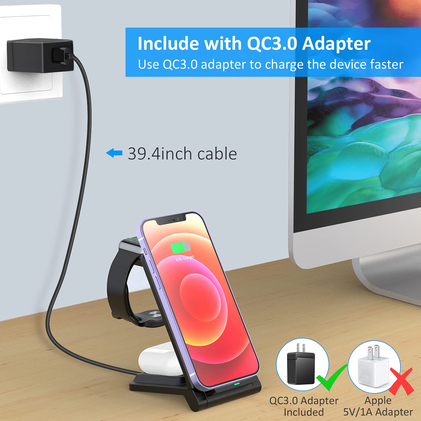 3-in-1 Foldable Wireless Charging Station - 18W Fast Charger for iPhone 16/15/14/13/12 Pro Max & Galaxy S23 - Portable Travel Charger for Apple Watch Series 9/8 & AirPods Pro/4/3/2 - Perfect for Home, Office & Travel Use