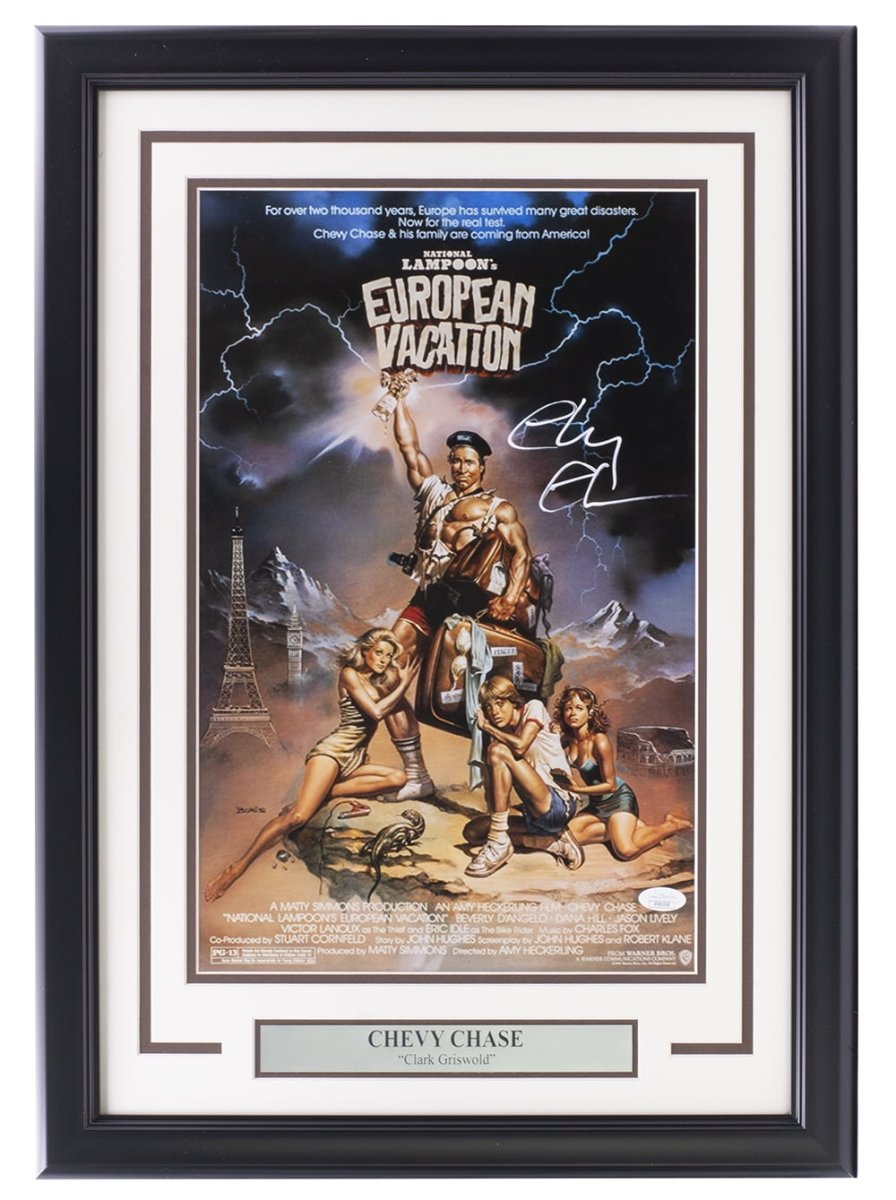 Chevy Chase Autographed Framed 11x17 National Lampoon's European Vacation Movie Photo with JSA Certificate - Perfect for Movie Memorabilia Collectors & Home Theater Decor