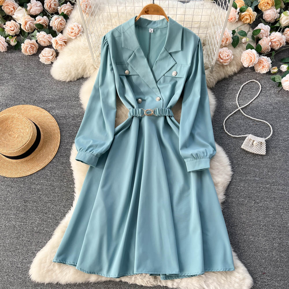 Elegant French Long Sleeve Midi Dress with Suit Collar - Women's Office Wear & Formal Occasion Outfit