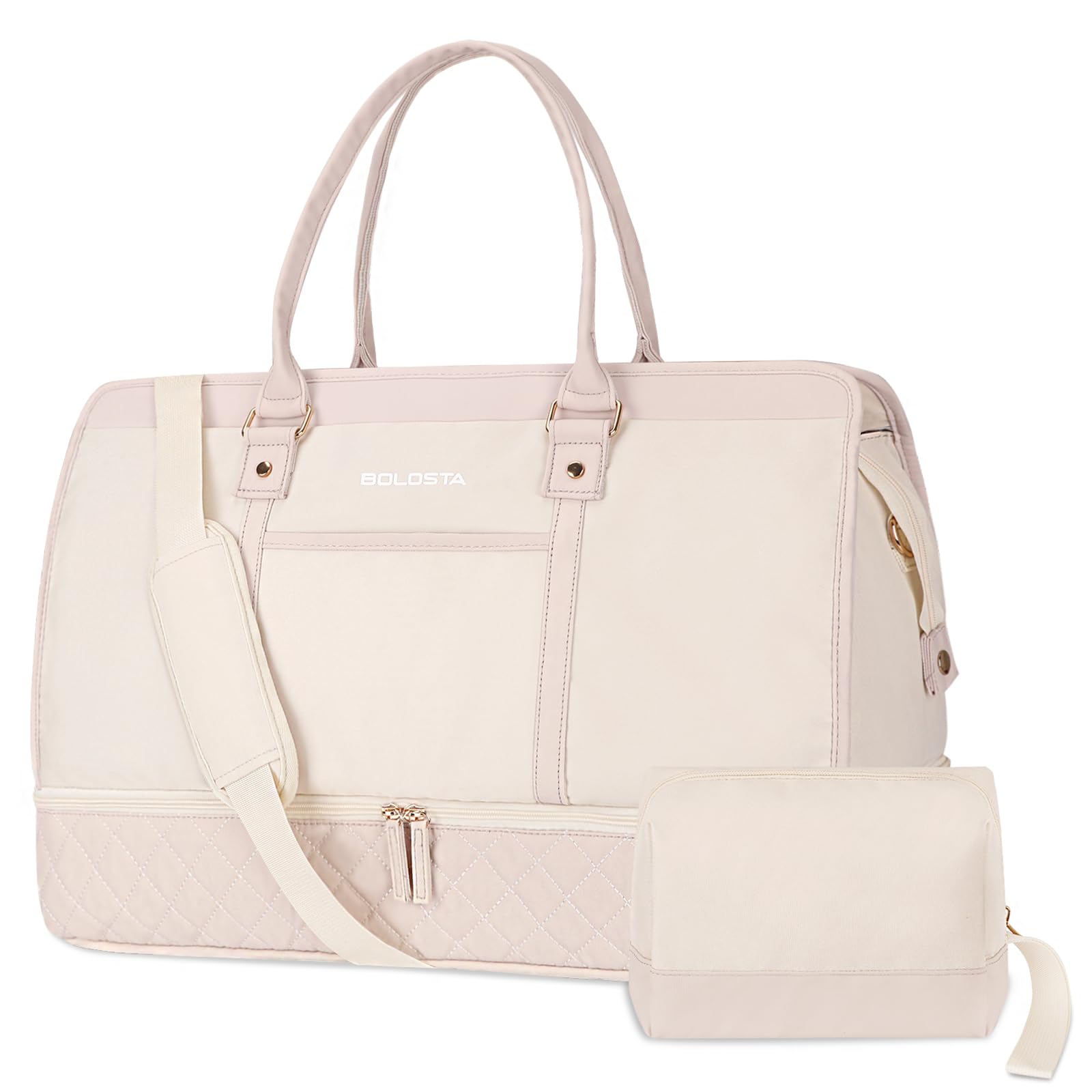 BOLOSTA Large Weekender Bag for Women with Shoe Compartment & Wet Pocket - Spacious Carry-On Overnight Duffle Tote with Toiletry Bag - Perfect for Travel, Gym, Business Trips & Weekend Getaways - Beige