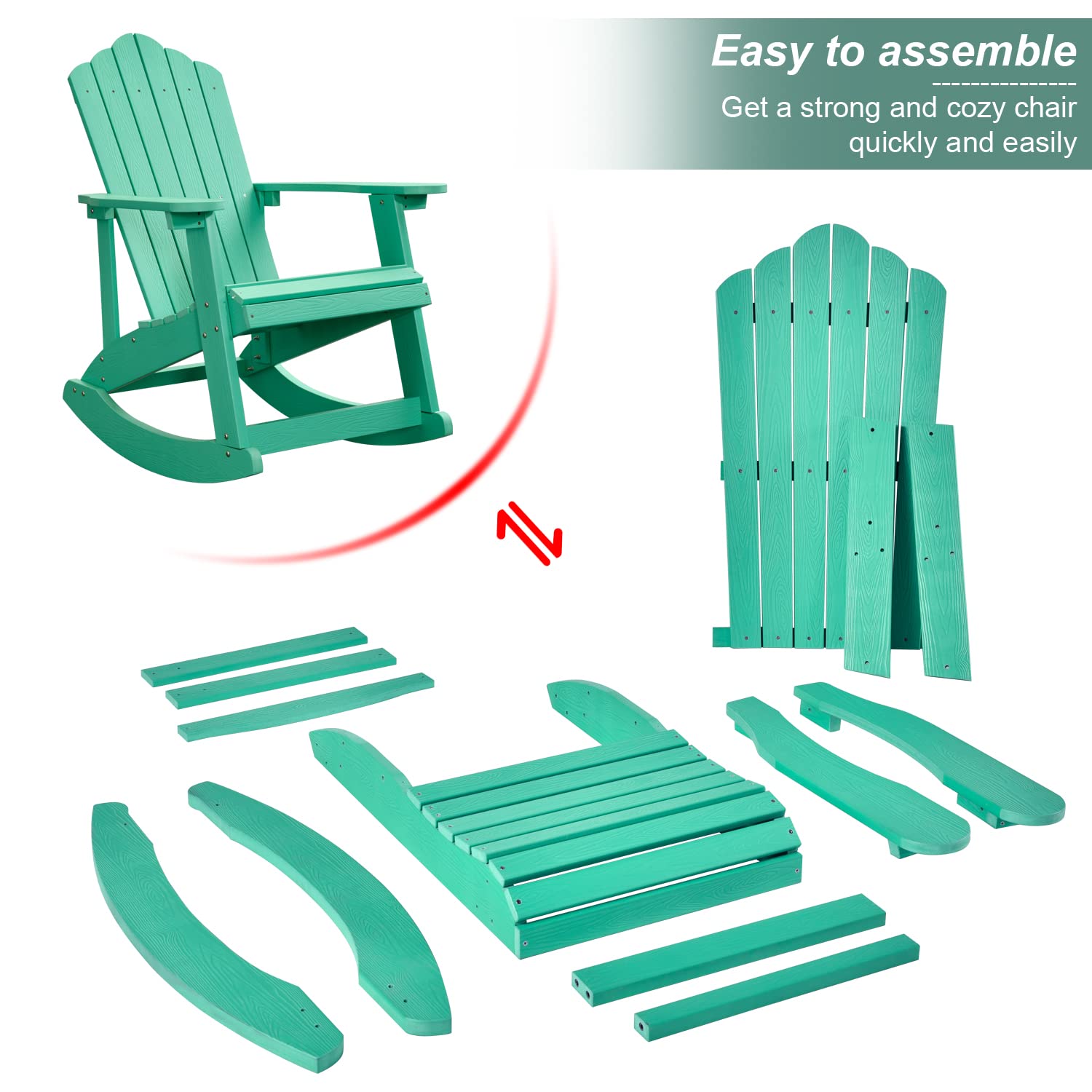 Classic Weather-Resistant Adirondack Rocking Chair for Patio, Deck, Garden & Backyard - Durable Outdoor Furniture with Real Wood Look - Perfect for Relaxing on Porch, Poolside or Lawn (Green, 1 Chair)