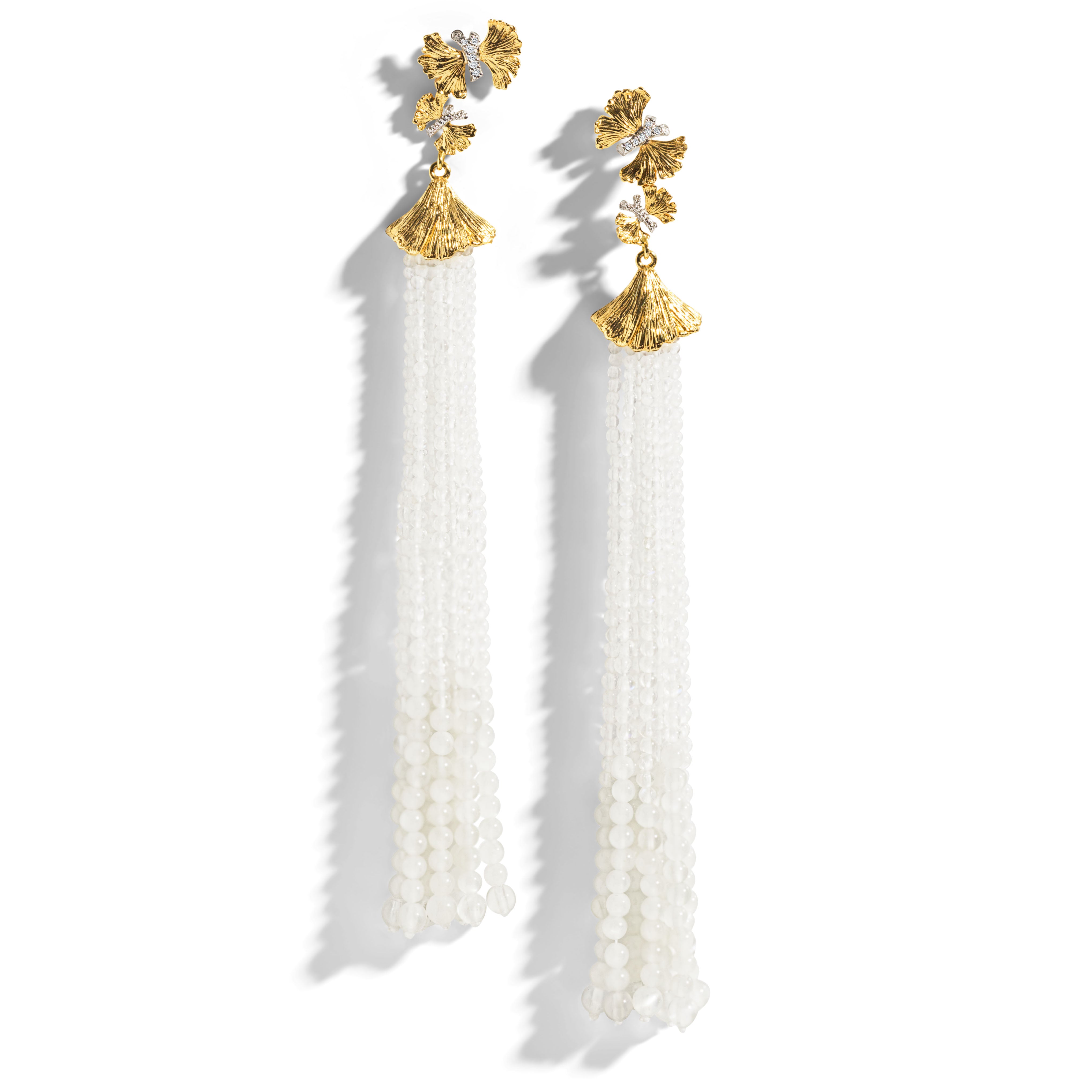 Butterfly Ginkgo Leaf Tassel Earrings with Moonstone & Diamond Accents - Elegant Dangle Earrings for Women, Perfect for Weddings, Parties & Special Occasions