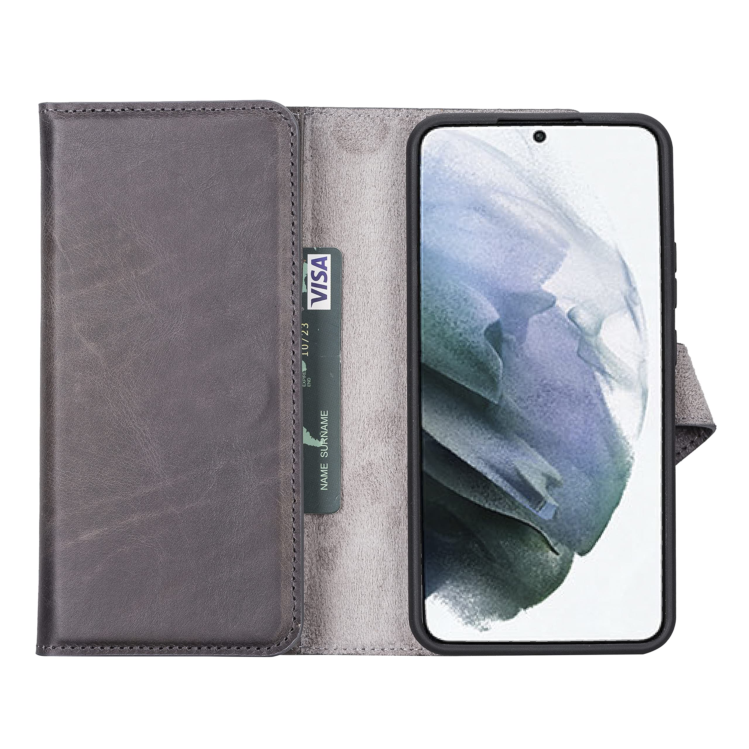 Premium Full Grain Leather Tri-Fold Wallet Case for Samsung Galaxy S22 Plus - 2-in-1 Magnetic Flip Cover with Card Slots & Detachable Durable Frame (Smoked Black) | Perfect for Business, Travel & Everyday Use