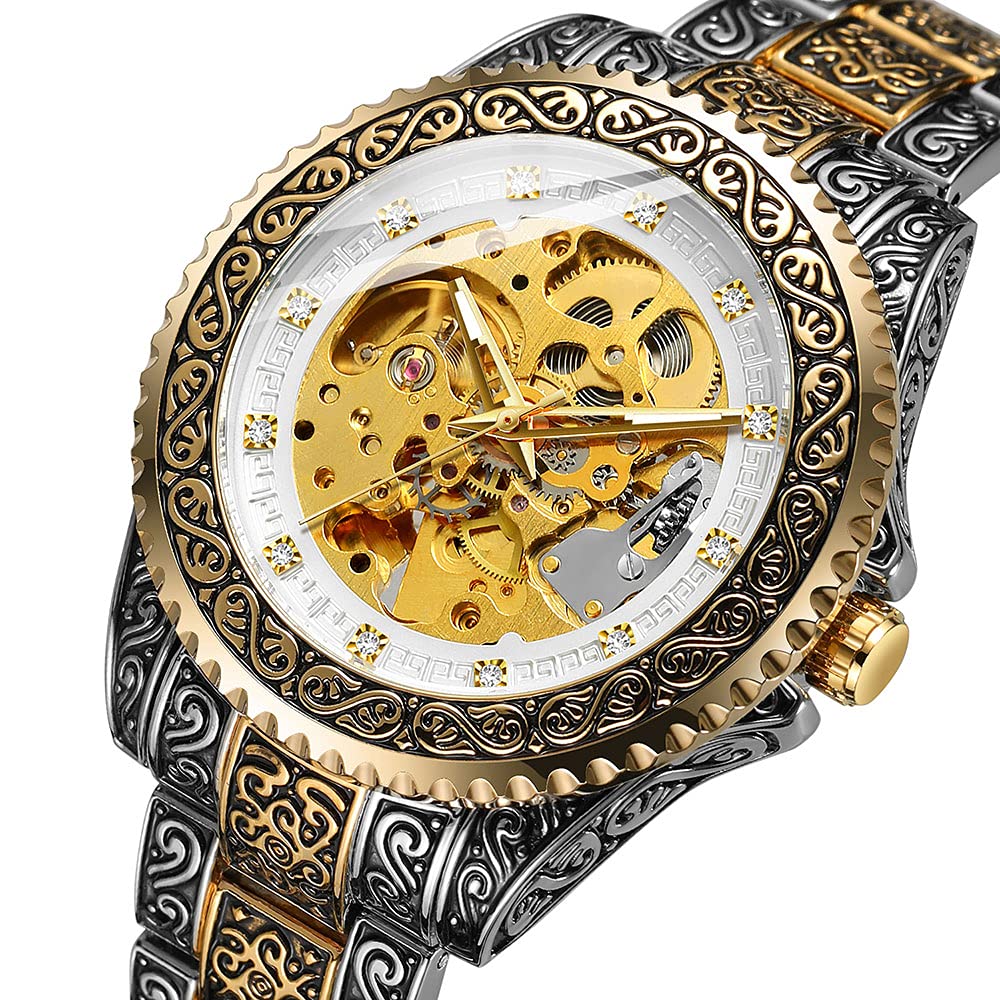 Luxury Men's Automatic Skeleton Watch - Gold & Black Engraved Mechanical Wristwatch for Men | Perfect for Business, Formal Events & Gift Giving
