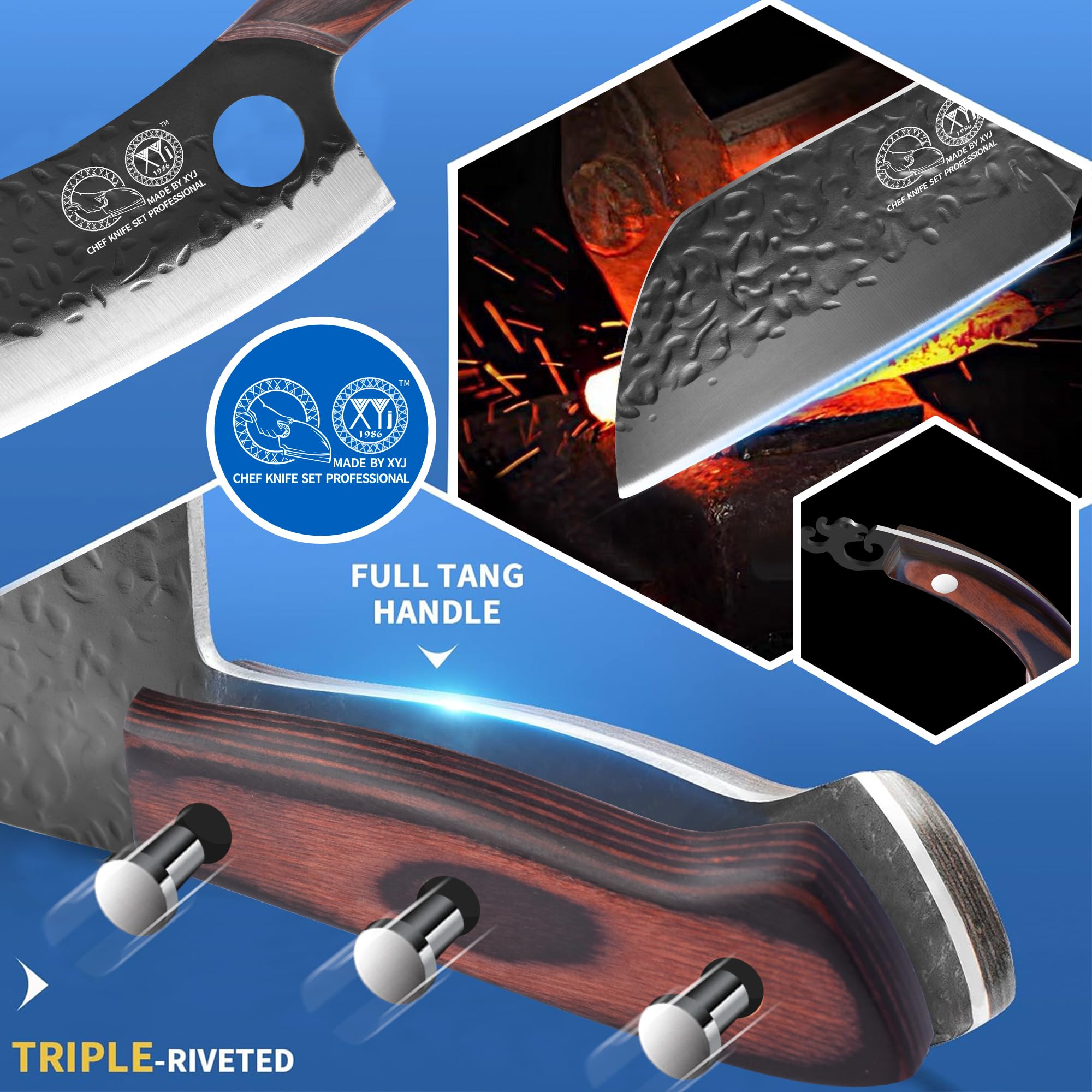 XYJ FULL TANG Camping Knives Set - Professional Chinese Butcher, Vegetable & Chef Knives with Boning Blade - Includes Leather Sheath, Roll Bag & Kitchen Tools - Perfect for Outdoor Camping, Hunting & Home Cooking
