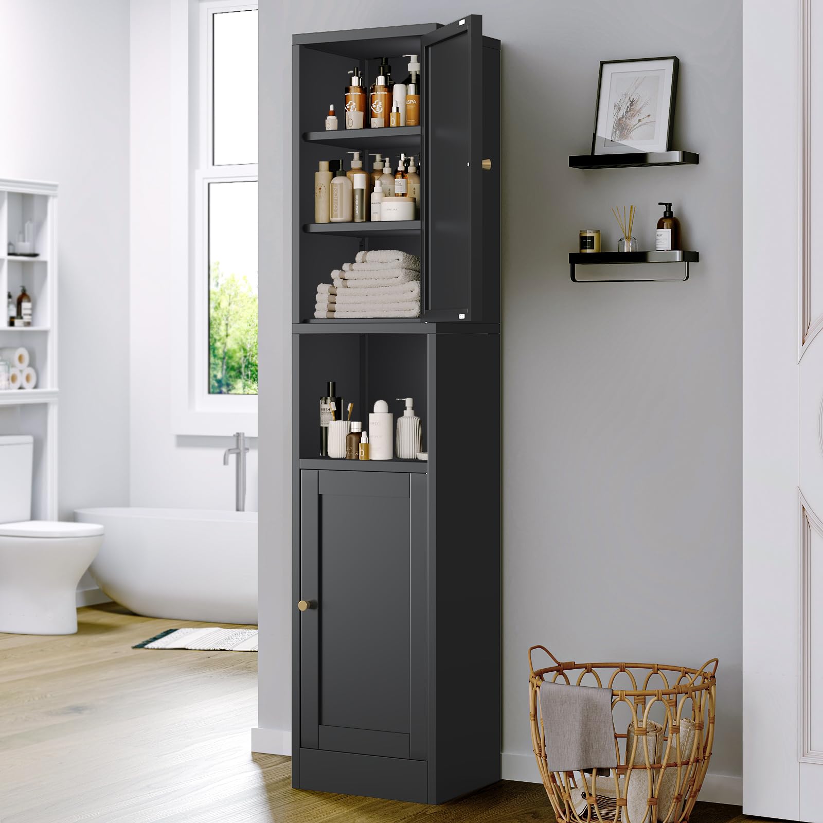 Black Tall Metal Storage Cabinet with 3 Adjustable Shelves & 2 Doors - Narrow Sideboard for Small Spaces - Perfect for Living Room, Home Office & Dining Room Organization