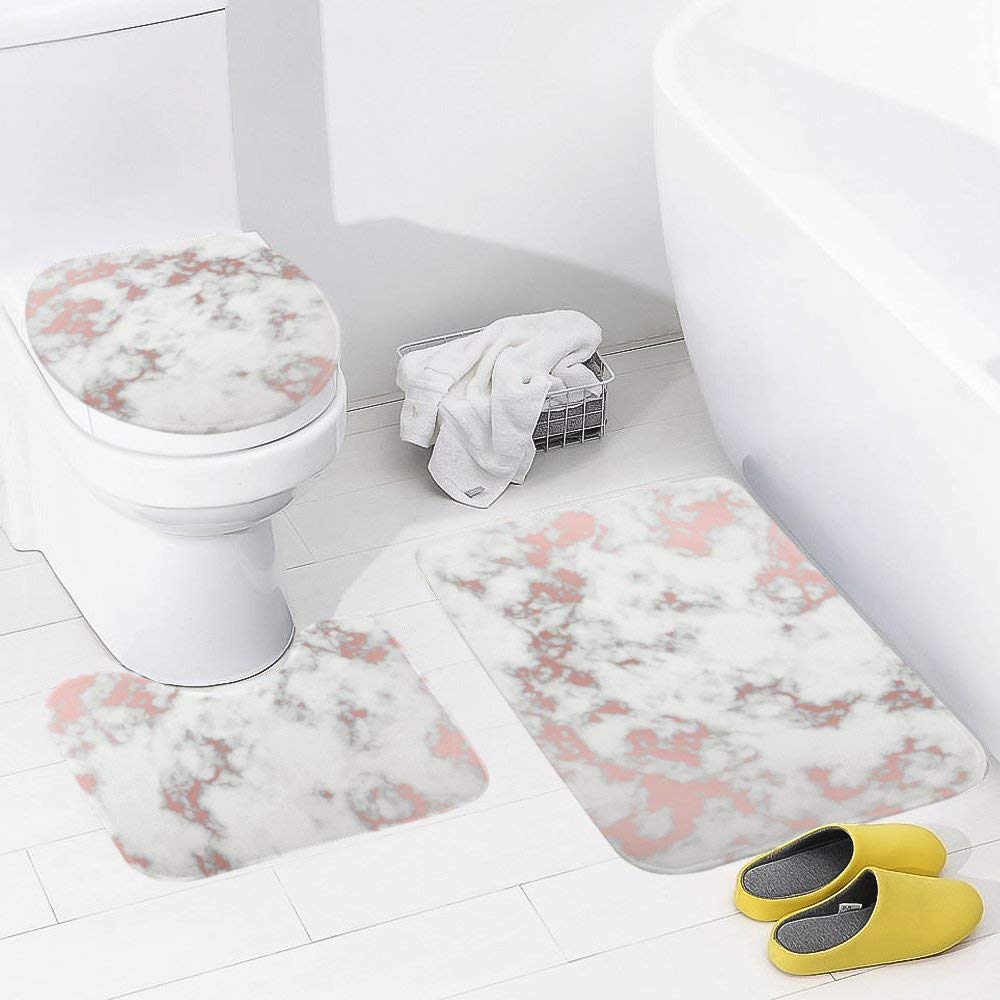 Vantaso 3-Piece Rose Gold Marble Bathroom Rug Set - Non-Slip Toilet Mat, Contour Mat & Lid Cover - Soft Absorbent Shaggy Rugs for Bathroom Floor Decor (Perfect for Master Bath, Guest Bath & Powder Rooms)