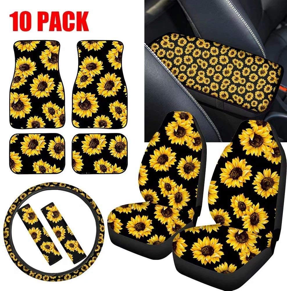 Universal Yellow Sunflower Car Seat Covers & Steering Wheel Protector for Comfort & Style