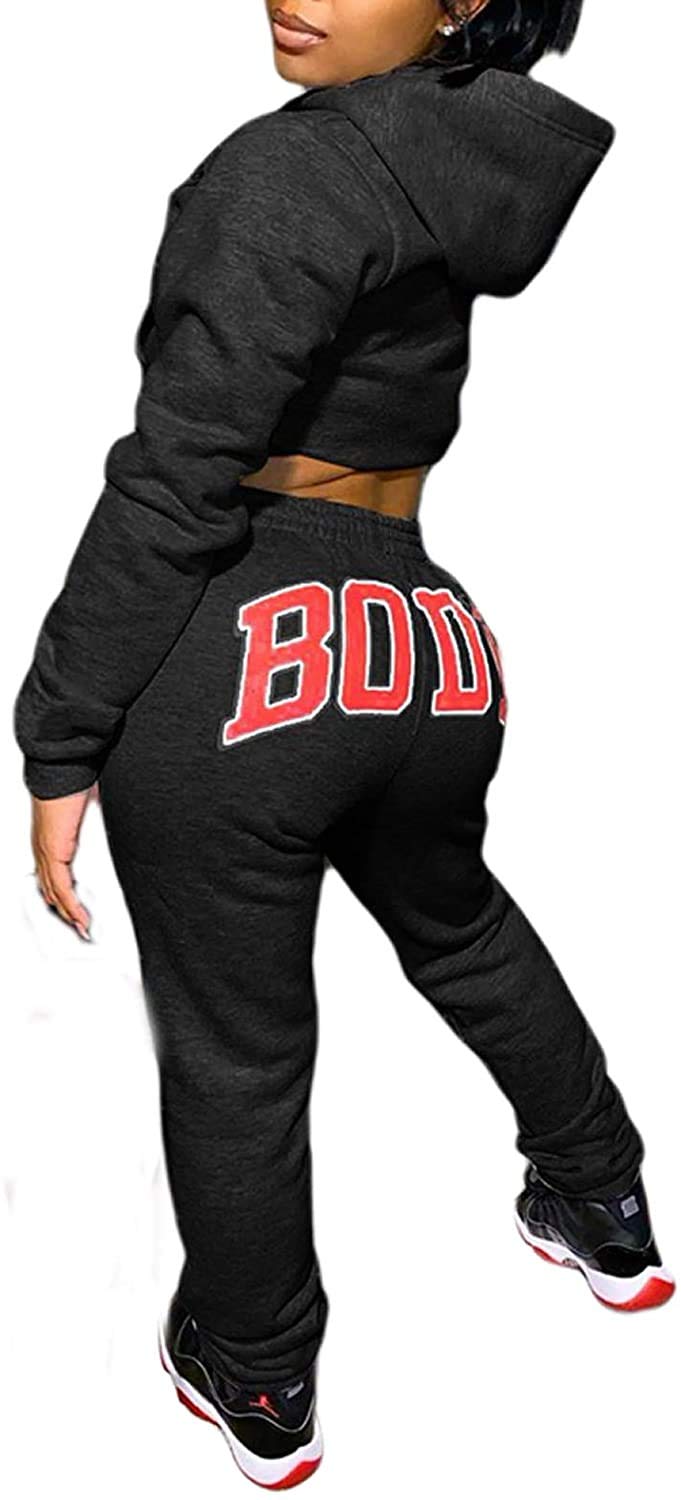 Women's 2-Piece Tracksuit Set - Hooded Crop Top Sweatshirt & Letter Print Sweatpants | Cozy Fall Winter Outfit for Lounge, Gym & Streetwear Fashion