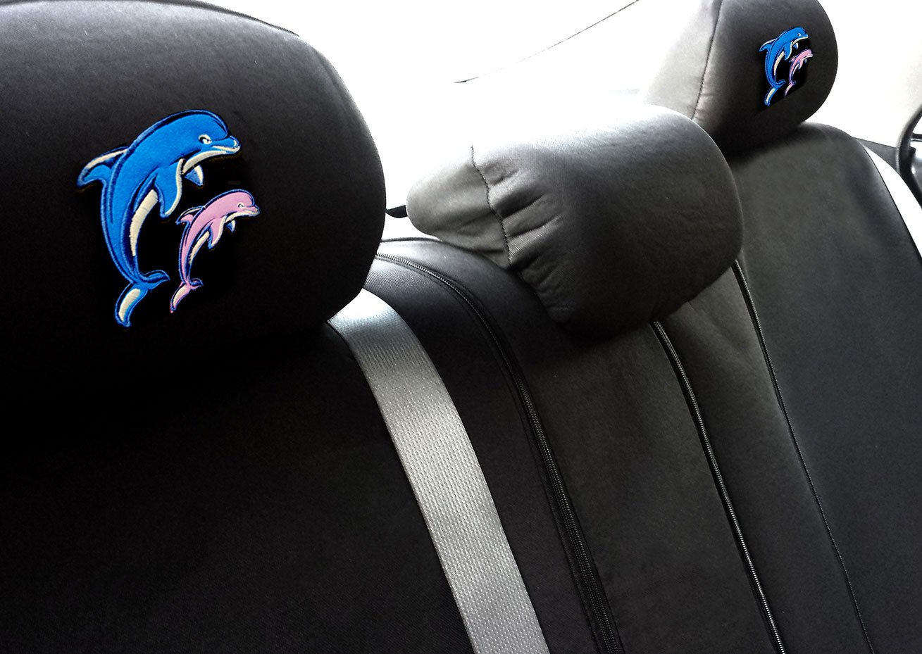 Universal Interchangeable Car Seat Headrest Covers - Soft & Breathable Fabric, Fits Most Cars, Vans & Trucks (Pair, Dolphin Design) - Perfect for Road Trips, Daily Commute & Family Travel