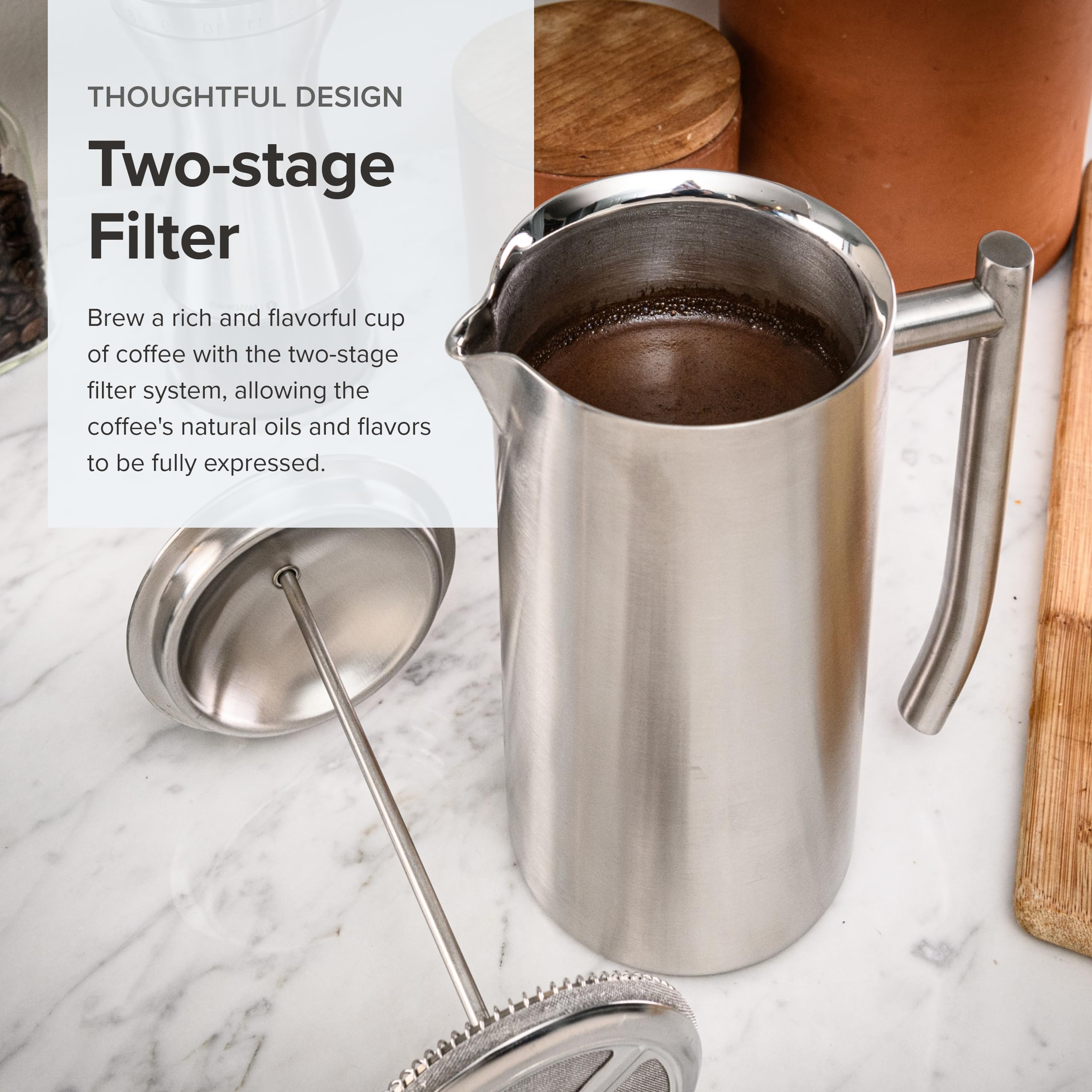 Frieling 17oz Double-Walled Stainless Steel French Press Coffee Maker - Insulated & Durable for Camping, Travel, Office & Home Use - Brushed Finish Keeps Coffee Hot Longer
