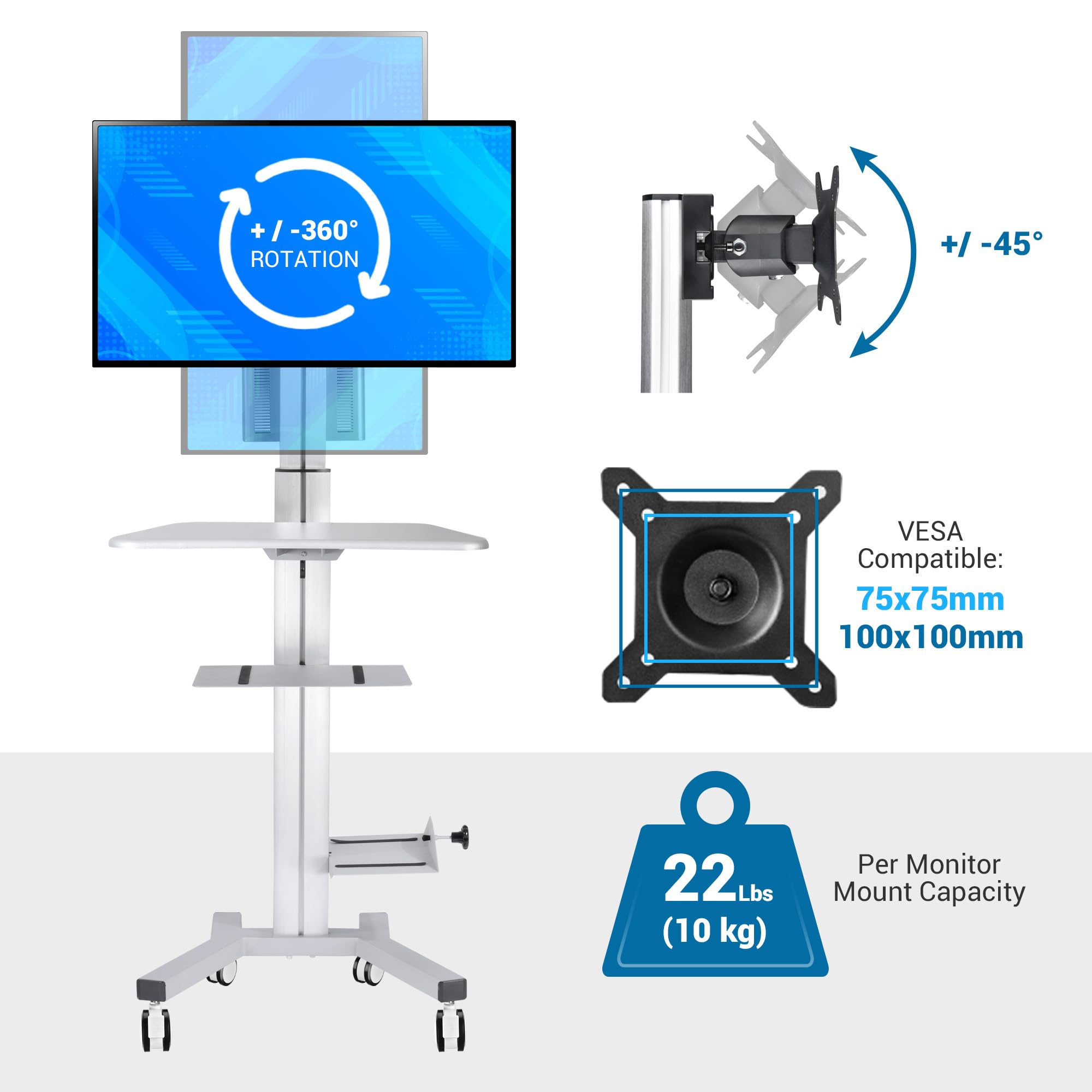 Adjustable Mobile Computer Cart with Monitor Mount & Keyboard Tray - Portable Rolling Workstation for PC, TV, Printer & CPU - Silver | Perfect for Home Office, Meetings & Retail Shops