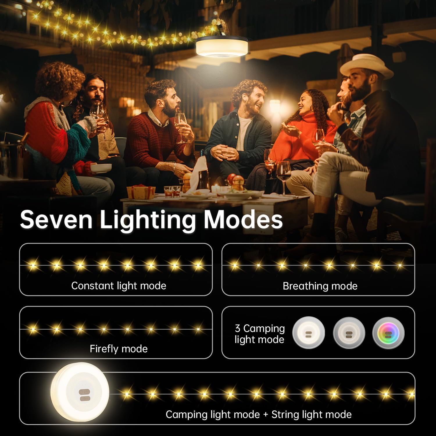 33FT Camping String Lights (2-Pack) - Waterproof Rechargeable LED Lights with 7 Modes for Outdoor Tents, Hiking & Christmas Decor | Perfect for Camping, Backyard Parties & Holiday Lighting