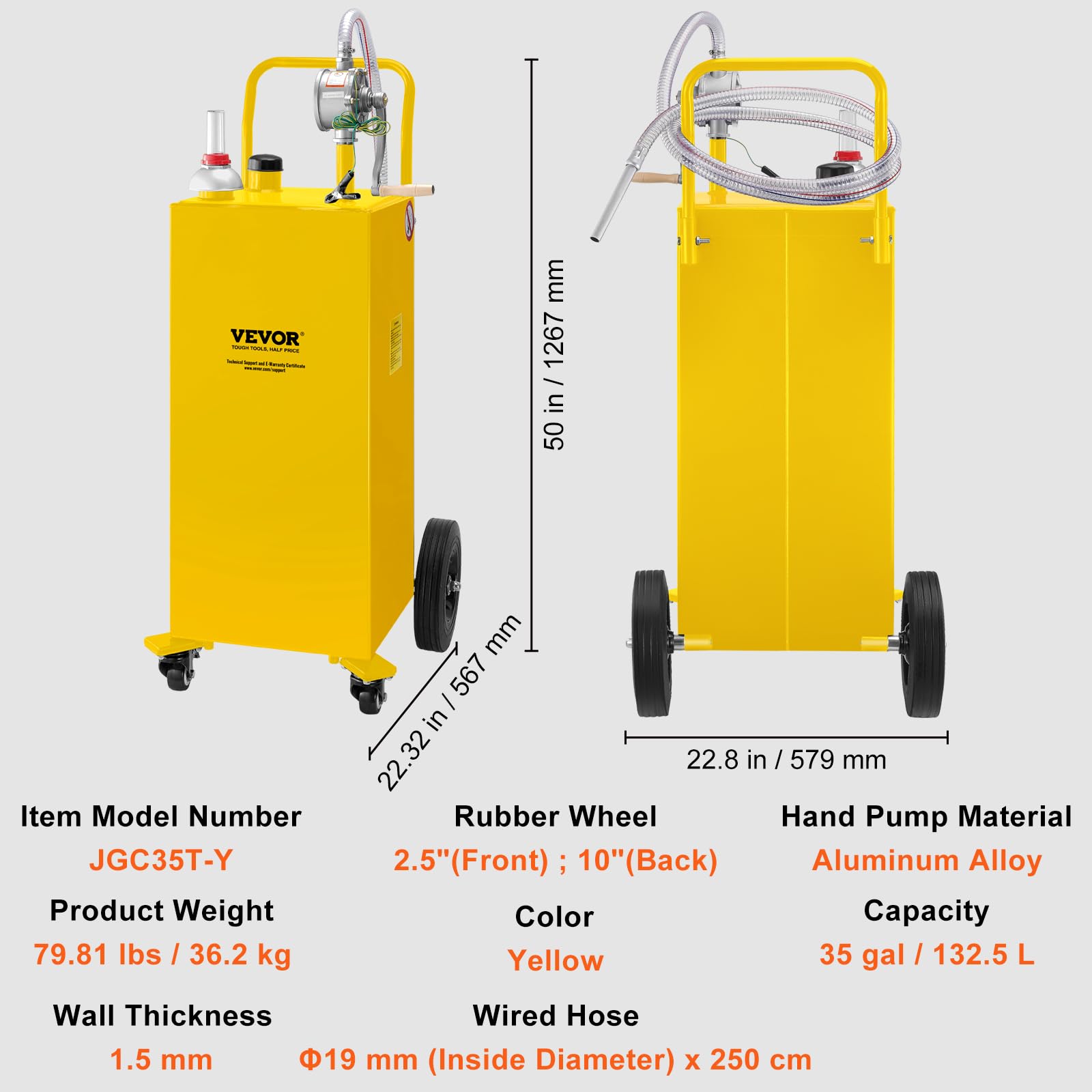 VEVOR 35 Gallon Fuel Caddy with Manual Pump - Portable Gas & Diesel Storage Tank on Wheels for Cars, Lawn Mowers, ATVs, Boats - Ideal for Garage, Farm & Outdoor Use (Yellow)