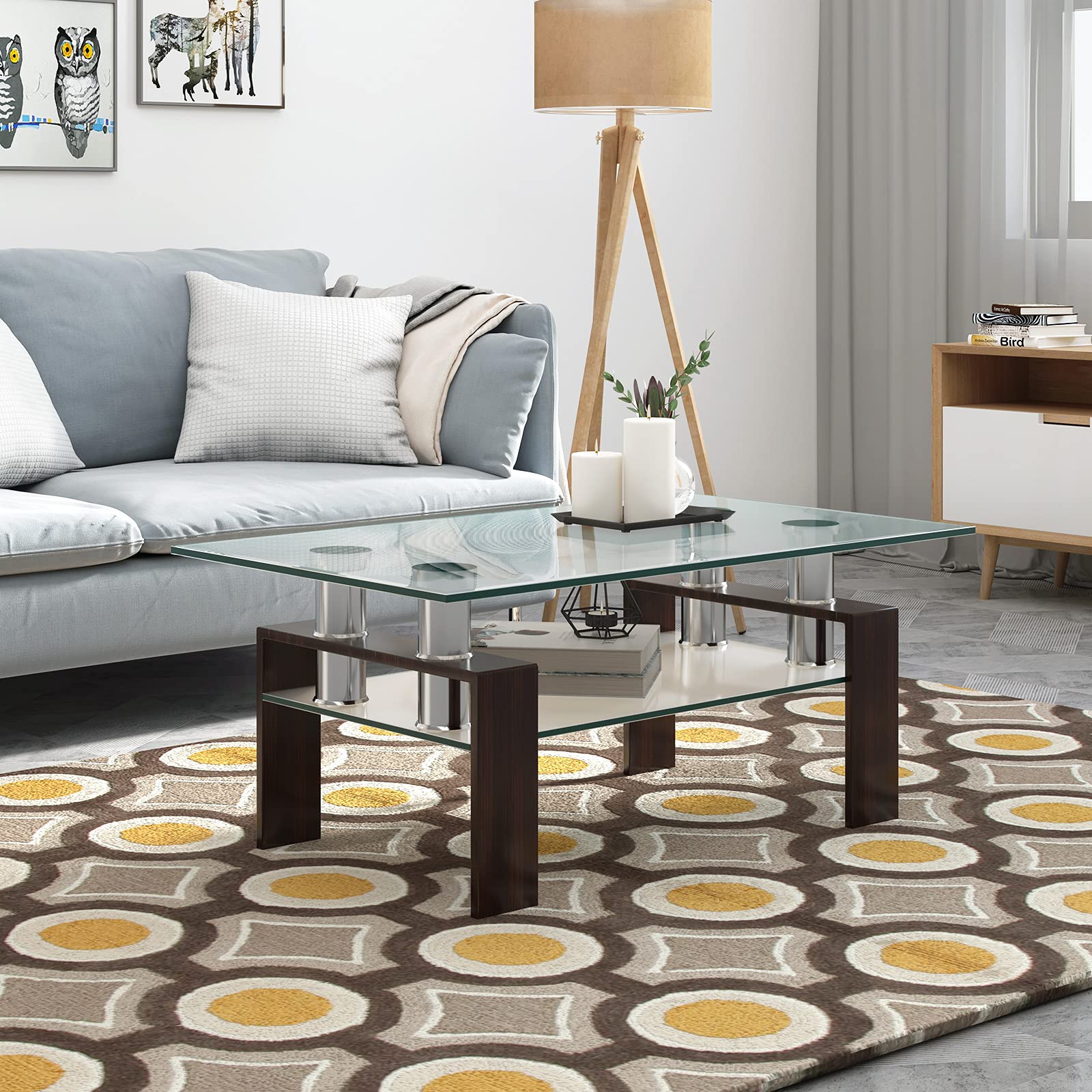 NAFORT Modern 2-Tier Glass Coffee Table with Metal Legs & Storage Shelf - Tempered Glass Top Rectangle Living Room Table for Tea, Books & Decor - Perfect for Small Spaces, Apartments & Contemporary Home Decor