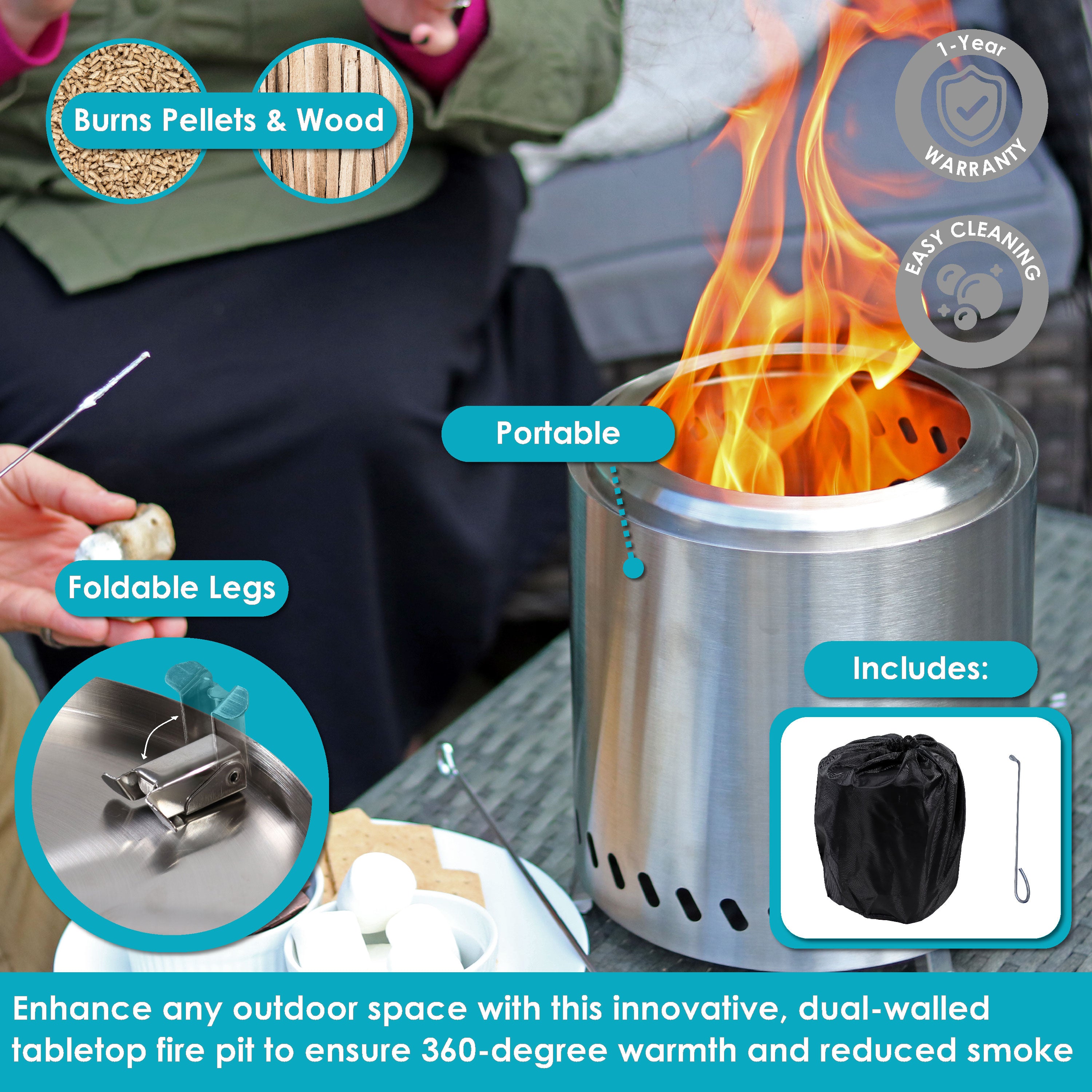 Sunnydaze Portable Smokeless Fire Pit with Carry Bag & Poker - Compact Tabletop Fire Pit for Camping, Backyard, Patio, and Outdoor Gatherings