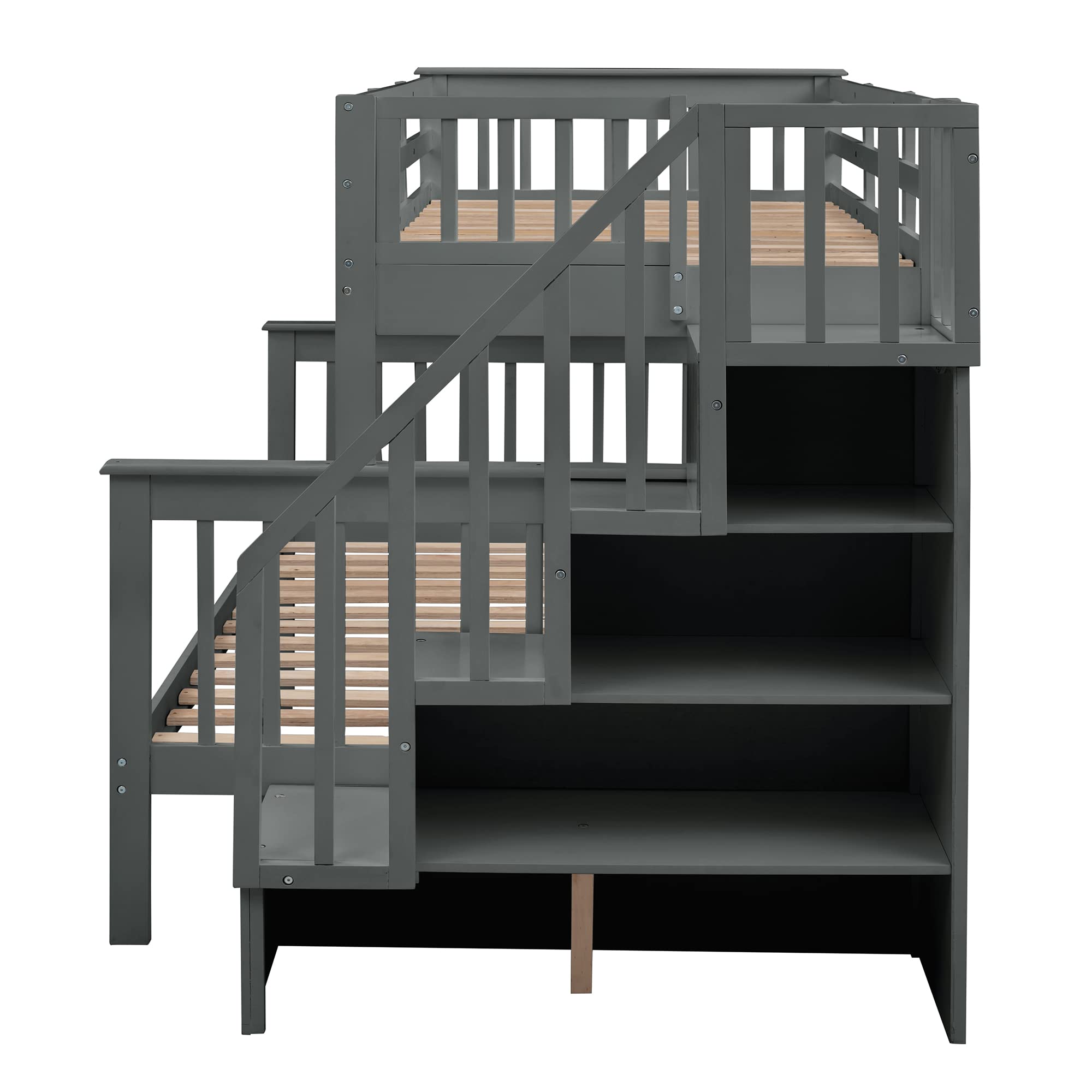 Harper & Bright Designs Twin Over Full Bunk Bed with Trundle & Storage - Wooden Bunk Bed Frame with Stairs for Kids, Teens & Adults - Space-Saving Grey Bedroom Furniture for Small Rooms, Guest Rooms & Vacation Homes