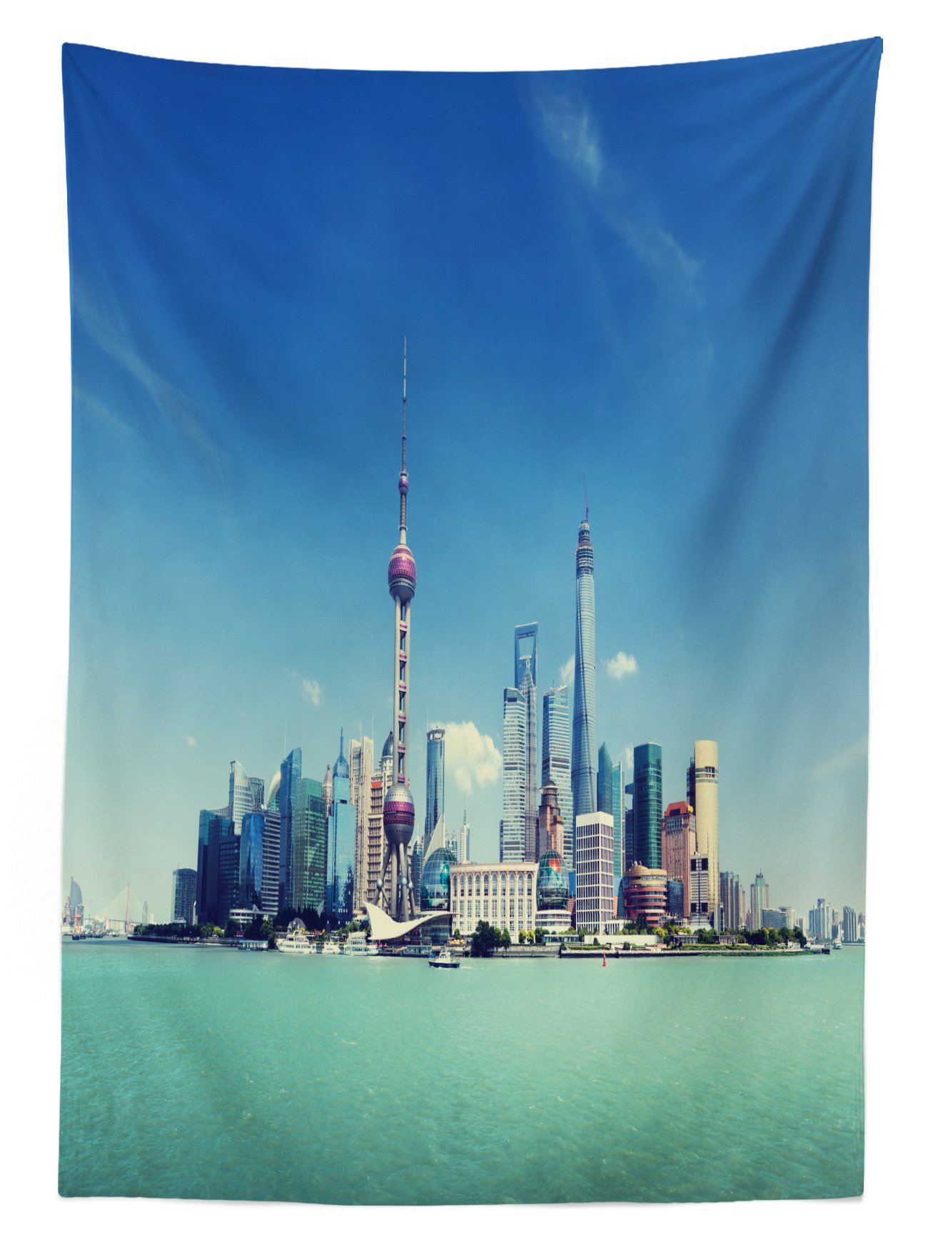 Ambesonne Shanghai Skyline Tablecloth - 58x120 Inch Waterproof Outdoor Picnic Table Cover with Modern Pudong River Cityscape Design in Mint Green Blue Grey | Perfect for Garden Parties, BBQs, and Patio Dining