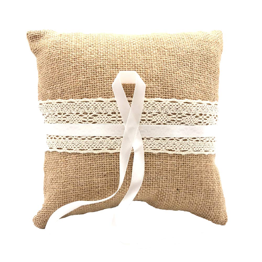 Elegant Burlap Ring Pillow for Wedding Ceremonies - Abbie Home Wedding Ring Holder with Soft Padding for Bride and Groom