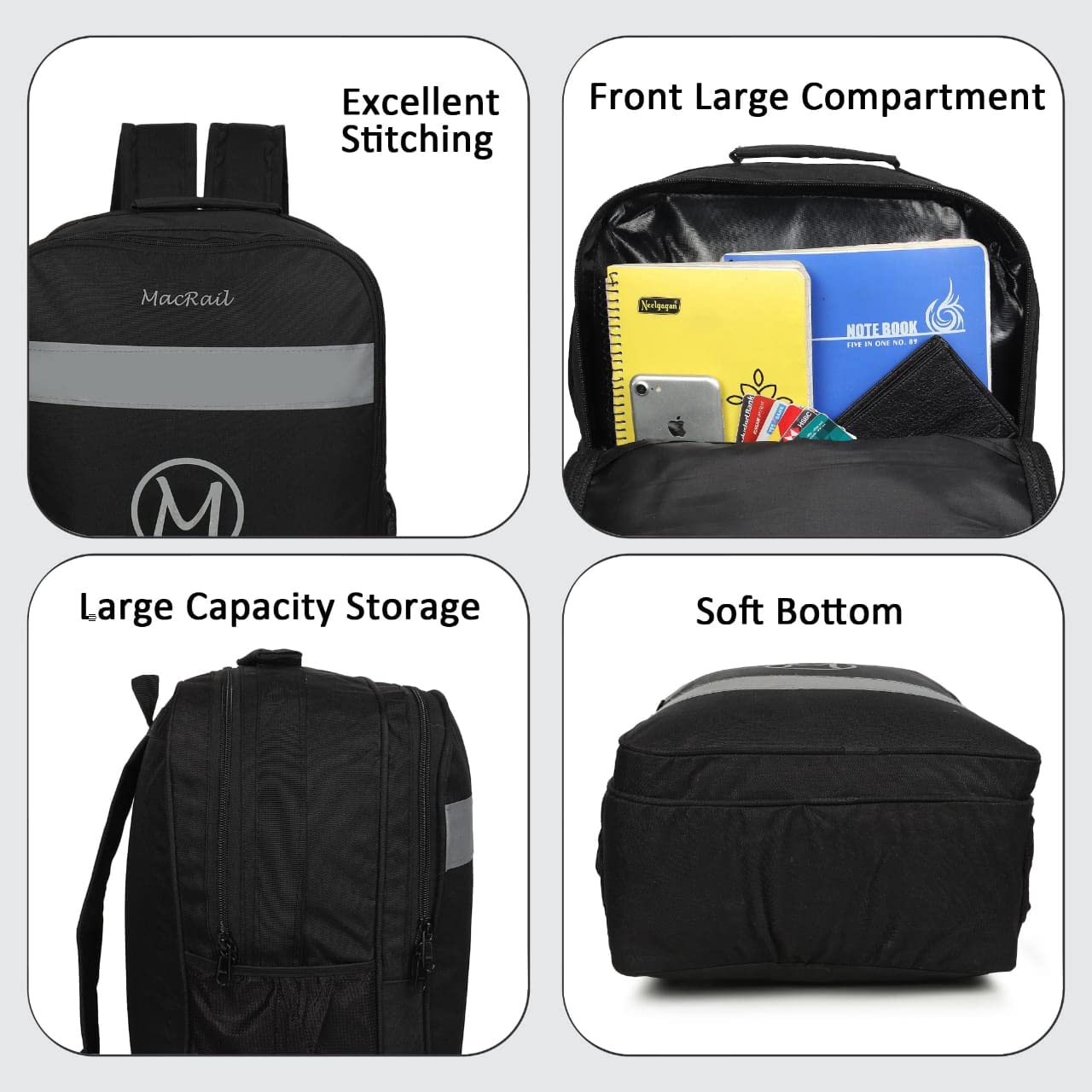 37L Large Unisex Backpack with Reflective Strips - Waterproof Travel Hiking Backpack for Men & Women (Black) - Perfect for Outdoor Adventures, Commuting and College Campus Use