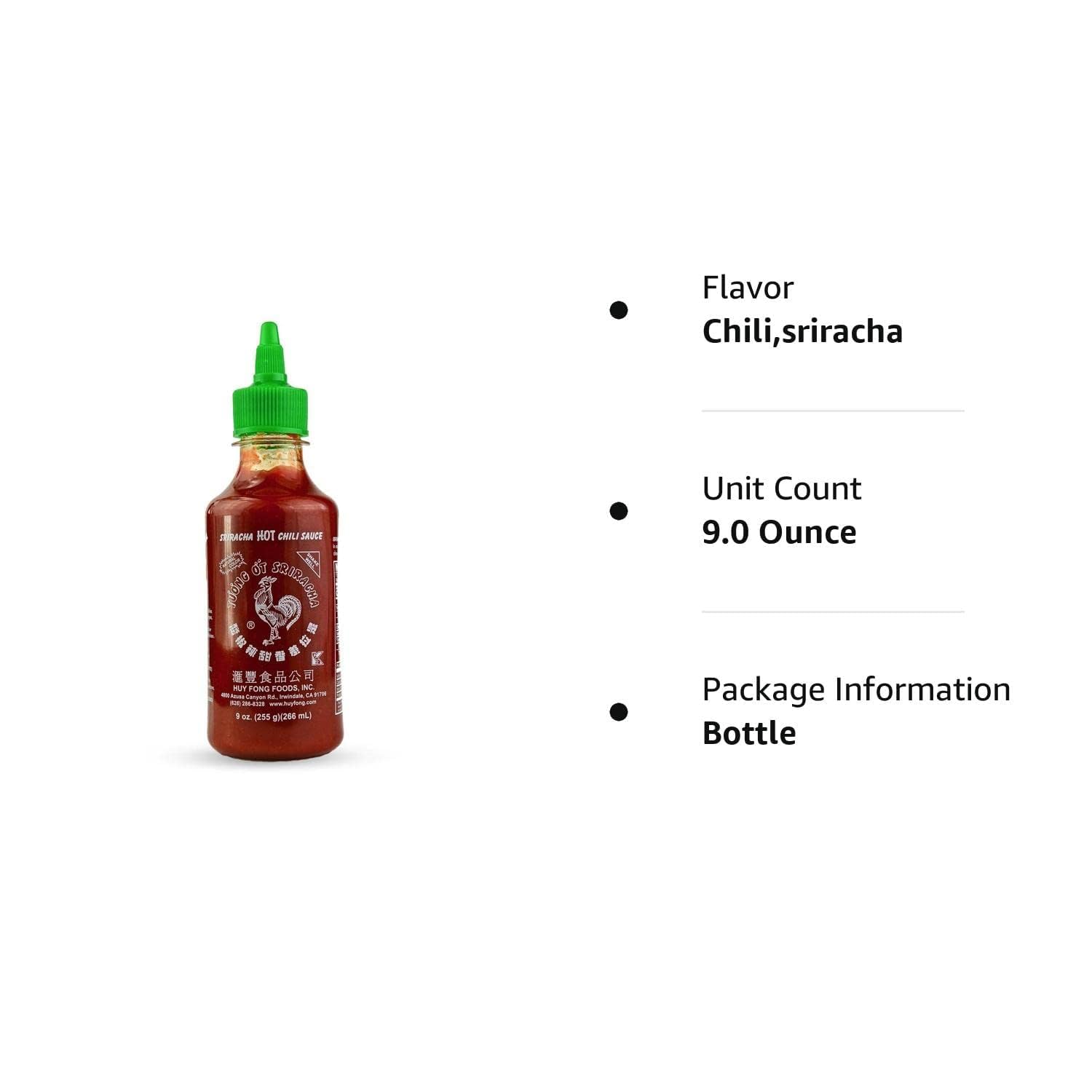 Huy Fong Sriracha Hot Chili Sauce - 9oz Bottle | Premium Asian Chili Garlic Sauce for Cooking, Pho, Ramen & Stir Fry | Vegan & Gluten-Free Hot Sauce for Wings, Tacos & Burgers