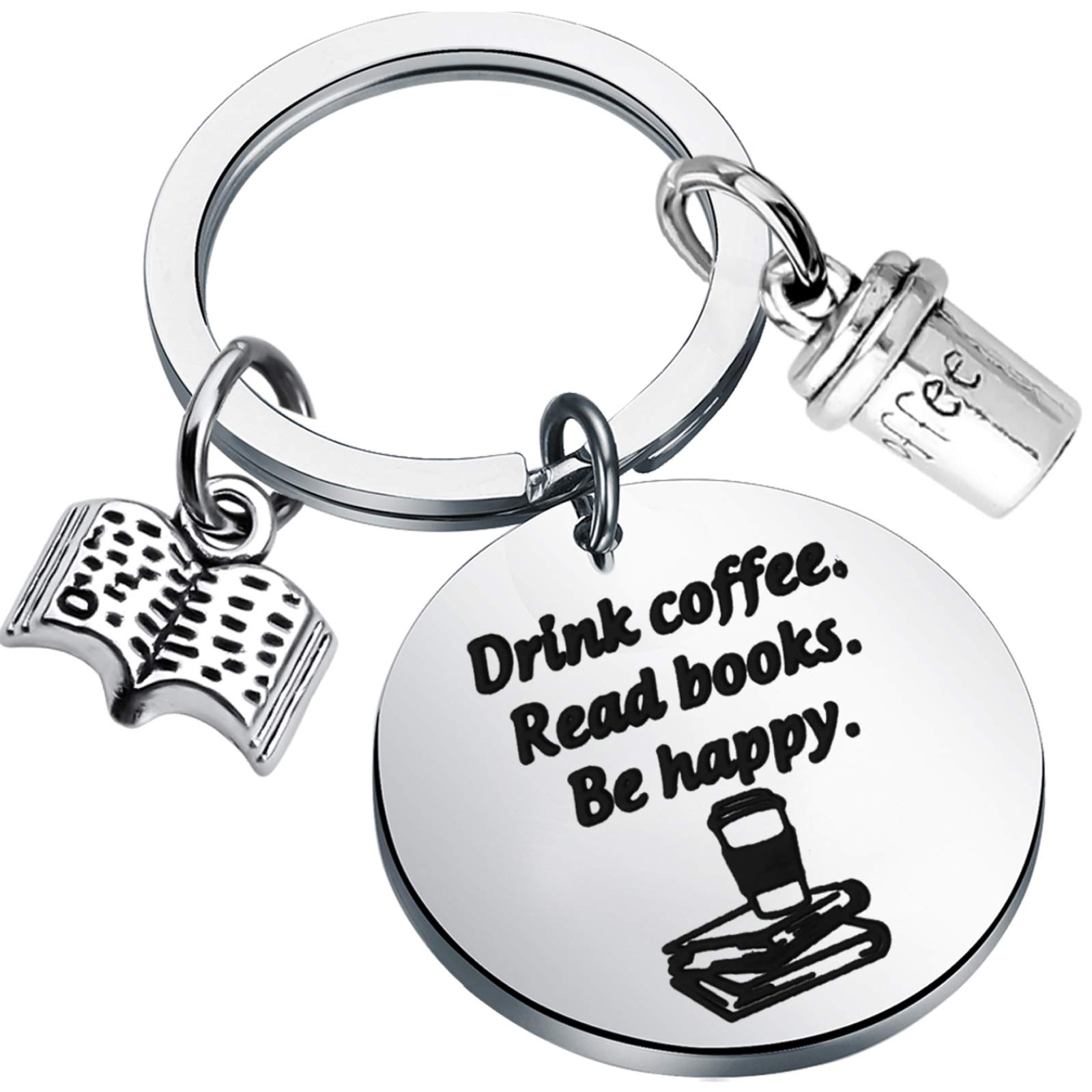 BEKECH Book & Coffee Lovers Gift Keychain - Drink Coffee Read Books Be Happy - Perfect for Readers, Writers & Bibliophiles - Great for Book Clubs, Reading Accessories & Coffee Enthusiasts
