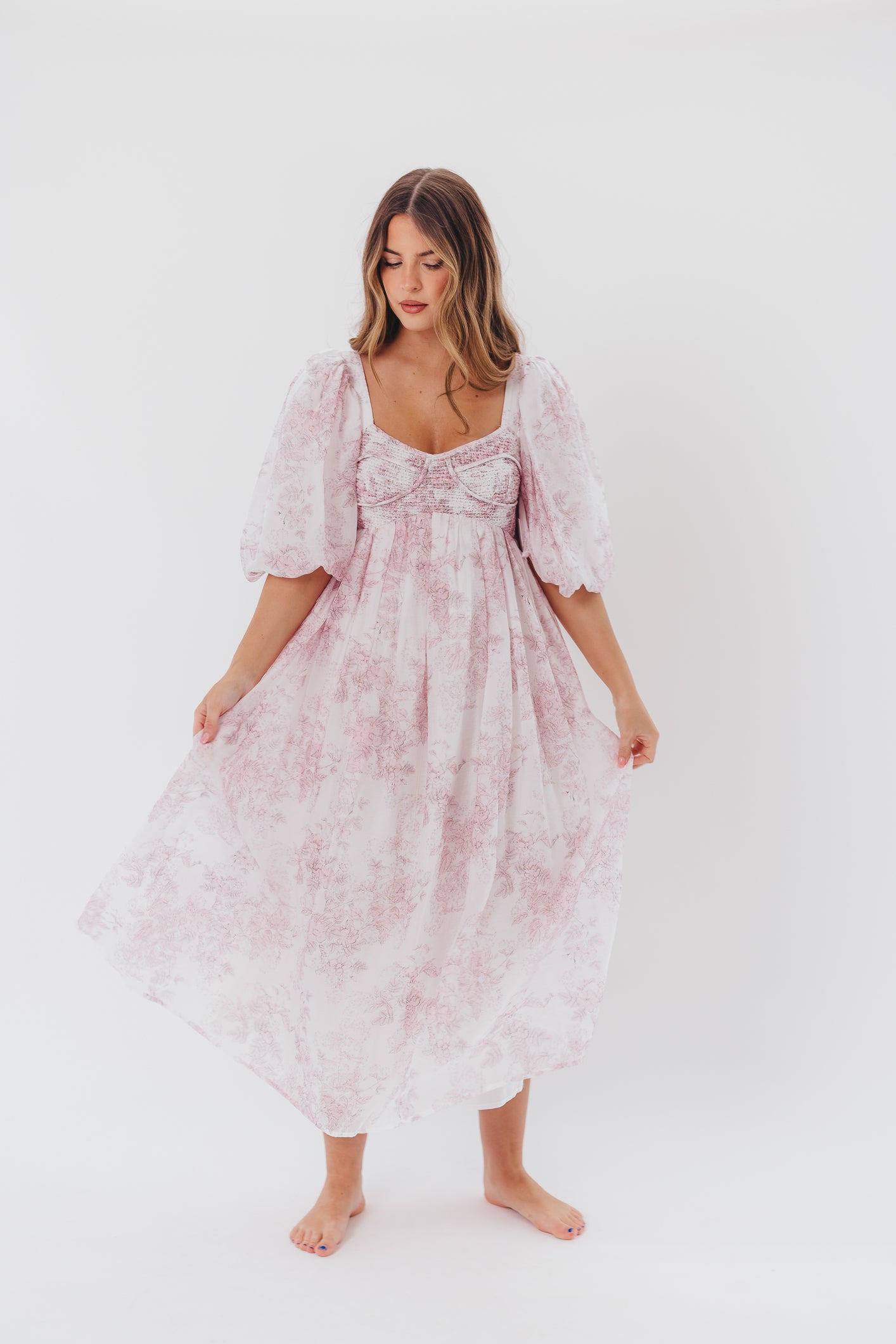 Harlow Midi Dress - Light Pink Floral Print, Bump Friendly Maternity Dress, Inclusive Sizing (S-3XL) for Pregnancy, Baby Shower & Special Occasions