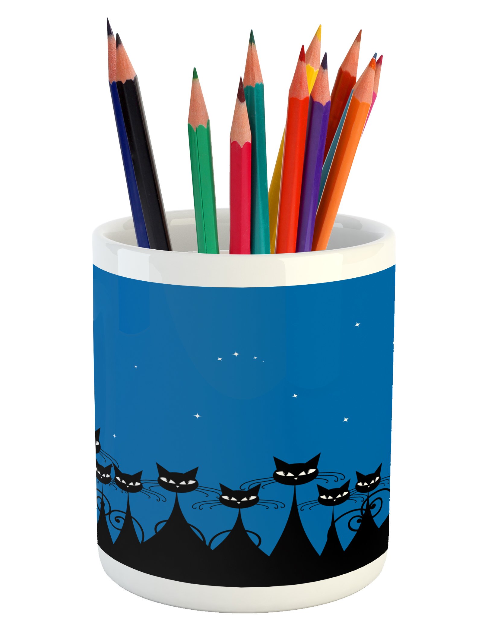Ambesonne Ceramic Pencil Holder with Black Cats & Starry Sky Design - Blue Black White Office Desk Organizer for Pens, Markers & Stationery - Perfect for Home Office, School & Gift Giving