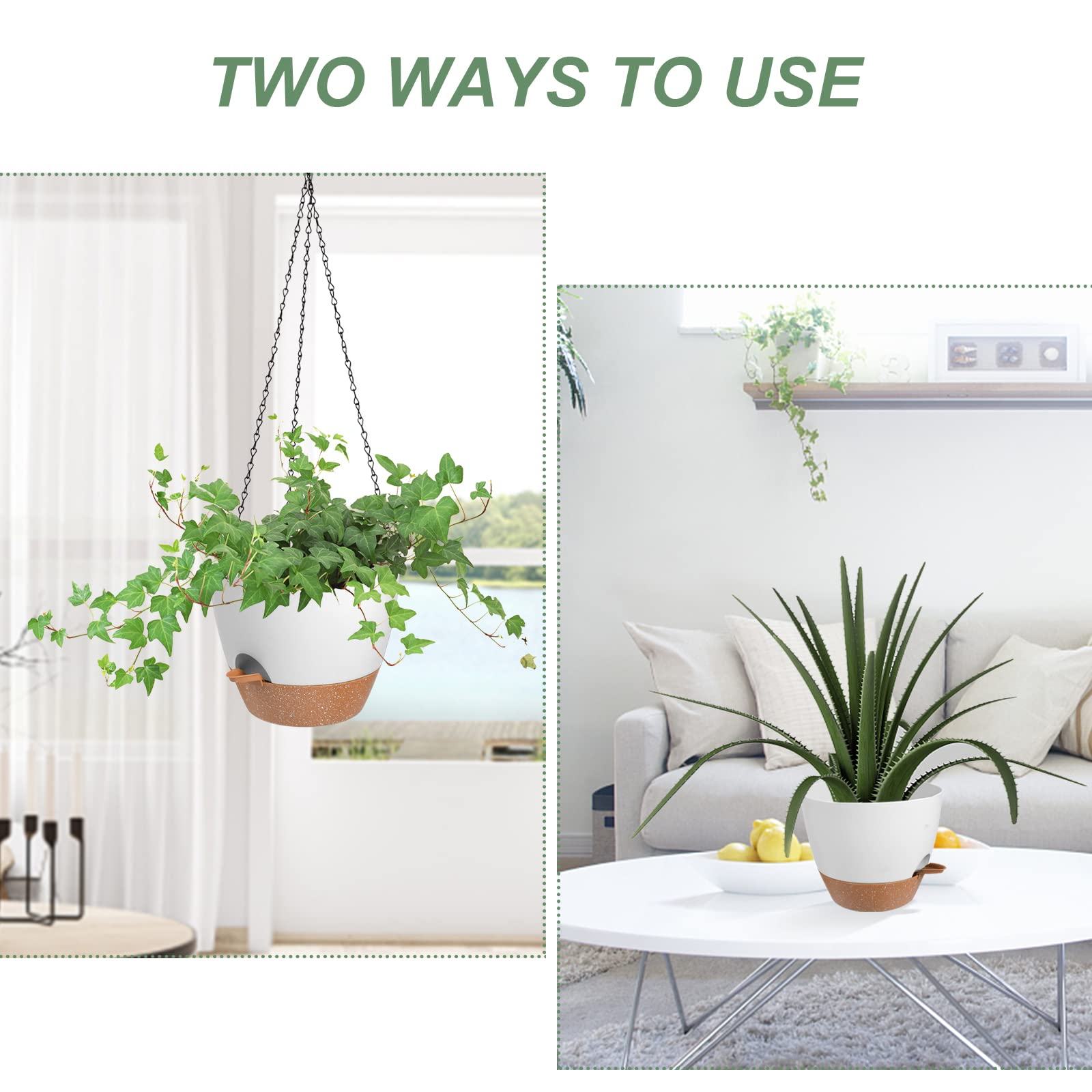 2 Pack Self Watering Hanging Planters for Indoor Outdoor Plants - 6 Inch Hanging Flower Pots with Drainage Holes & Removable Tray - Perfect for Garden, Balcony, Patio, and Home Decor (White)