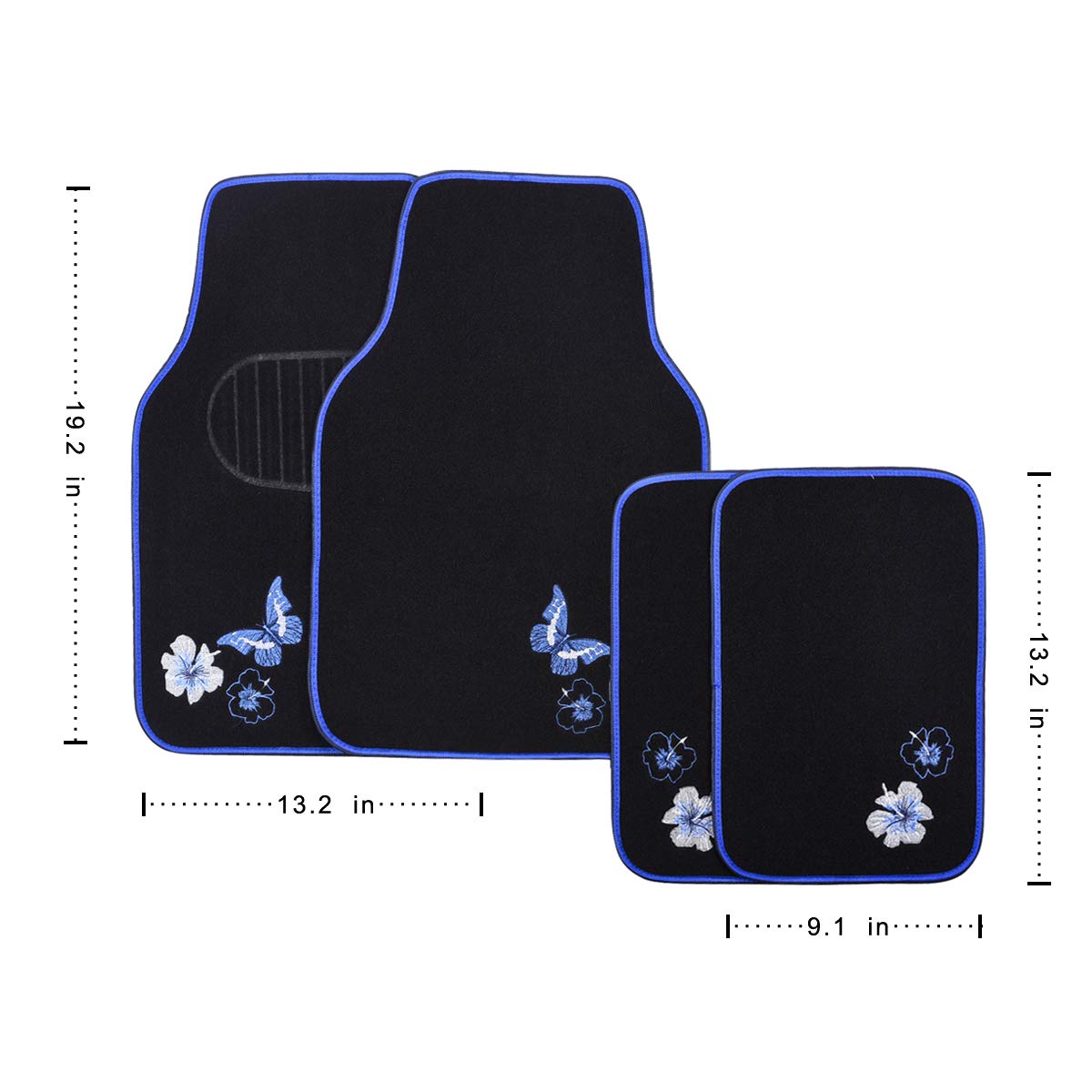 Butterfly and Flower Embroidered Car Floor Mats - Universal Fit for 95% of Cars, SUVs, Sedans & Vans - Blue & Black Set of 4 - Women's Girly Style - Perfect for Daily Commute, Road Trips & Car Interior Decoration