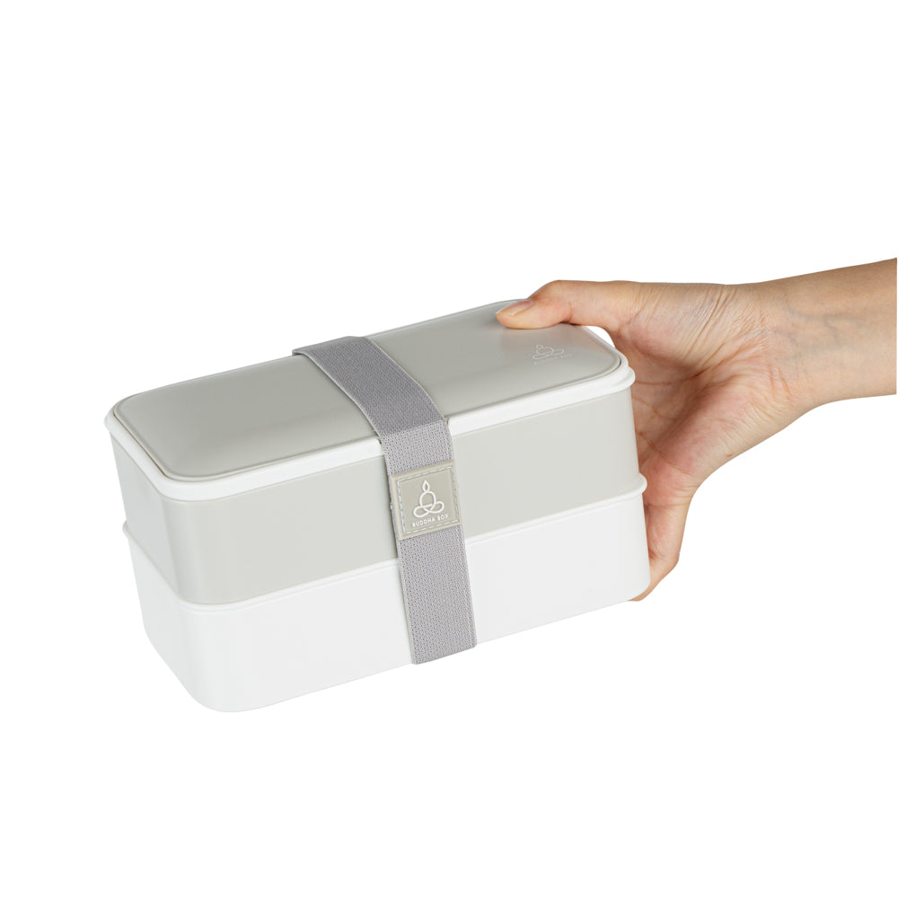 Bento Tek 41 oz Gray & White Buddha Box - All-in-One Lunch Container with Utensils & Sauce Cup (7.25