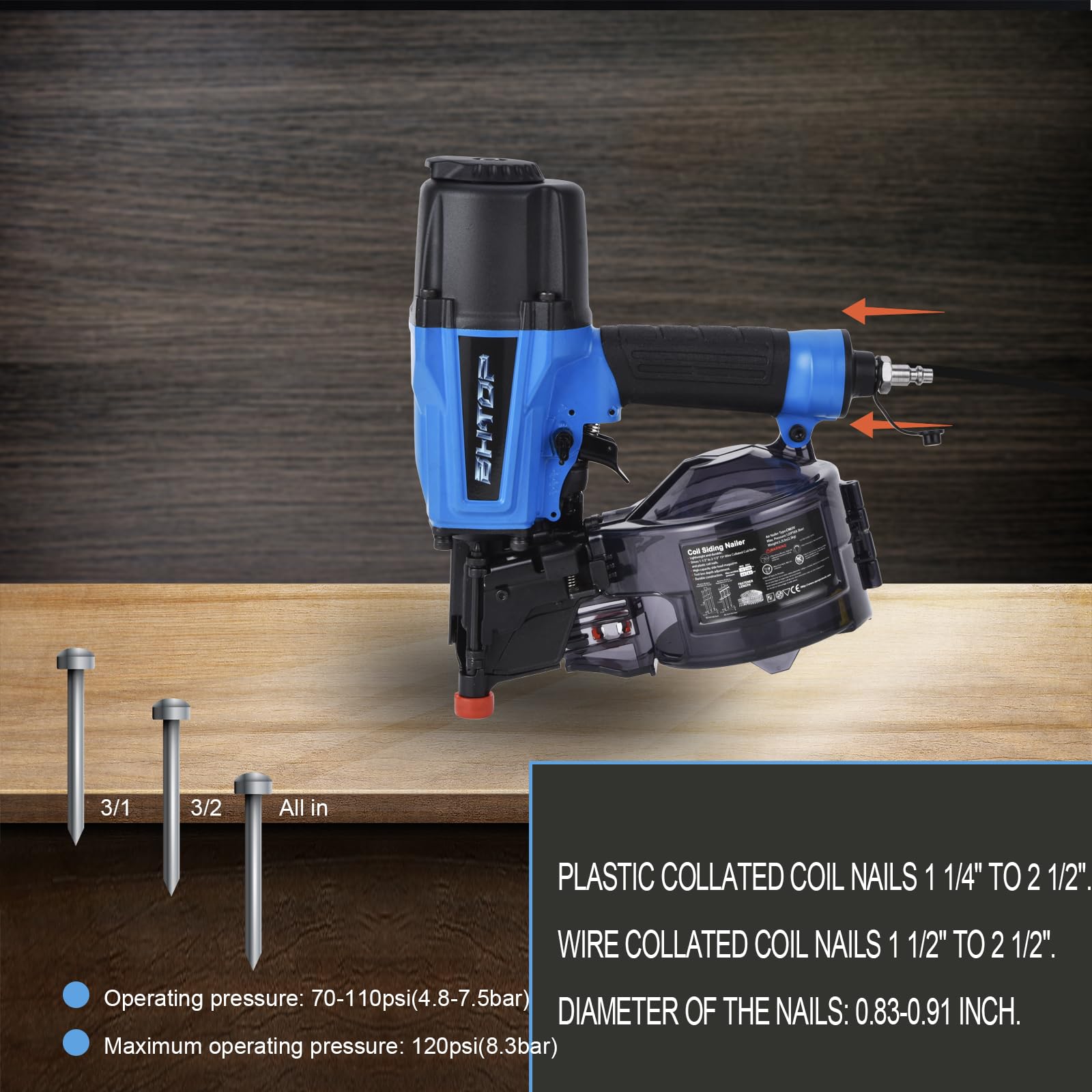 BHTOP 15-Degree Coil Siding Nail Gun - 1-1/2