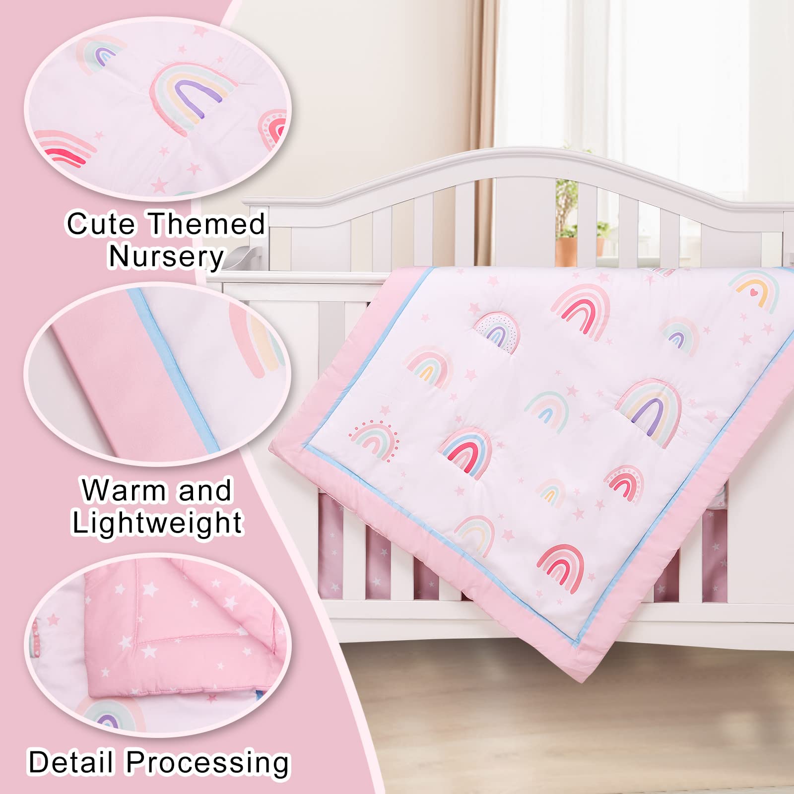 Rainbow Crib Bedding Set for Baby Girls - 5 Piece Nursery Set with Crib Quilt, Skirt, Sheet, Diaper Stacker & Blanket | Soft Pink Baby Bedding for Newborns & Toddlers | Perfect for Nursery Decor, Baby Showers & Gift Giving