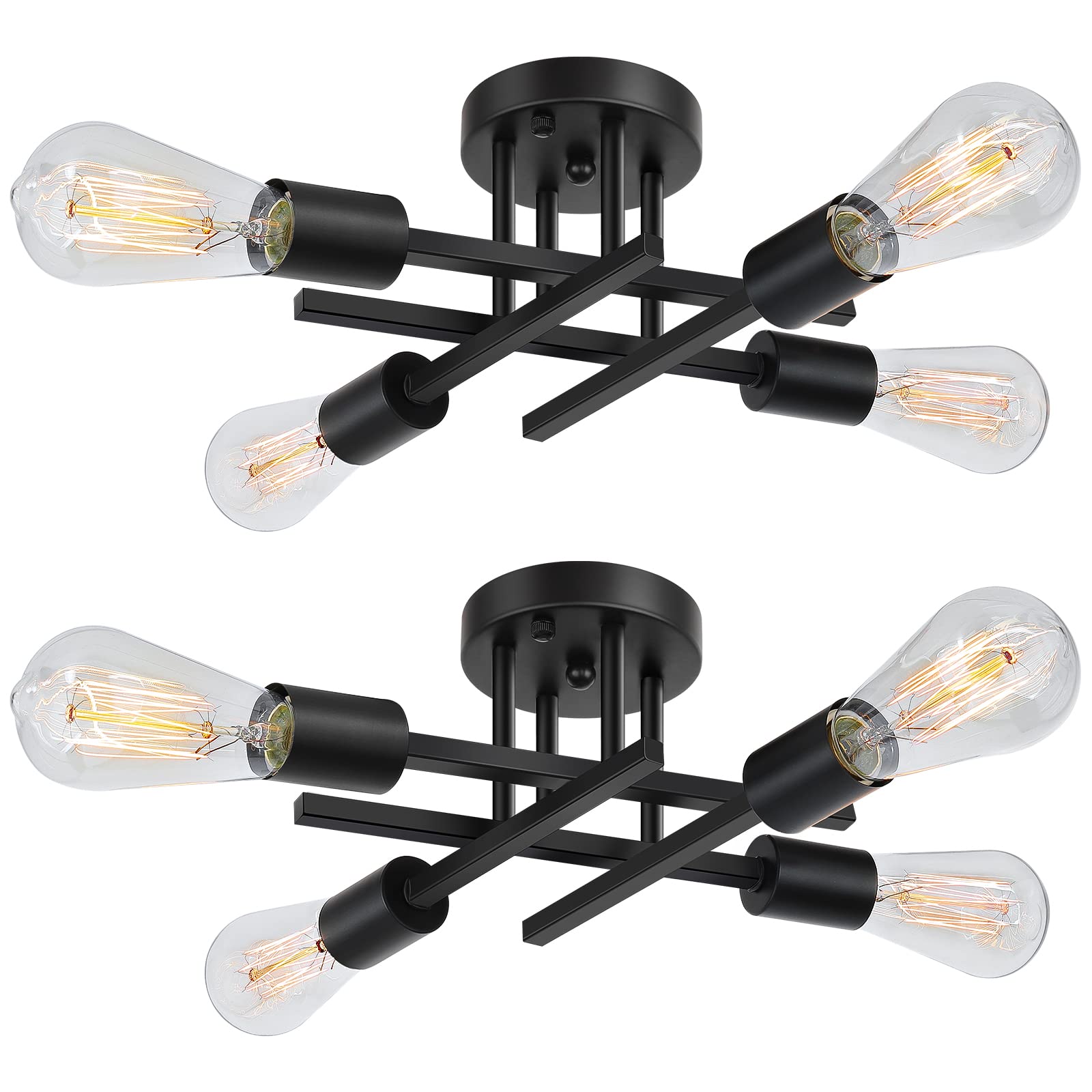 SunRider 2-Pack Industrial 4-Light Semi Flush Mount Ceiling Light Fixture, Matte Black Farmhouse Sputnik Chandelier - Modern Lighting for Kitchen, Hallway, Dining Room & Bedroom - Dimmable LED Compatible, Rustic Home Decor
