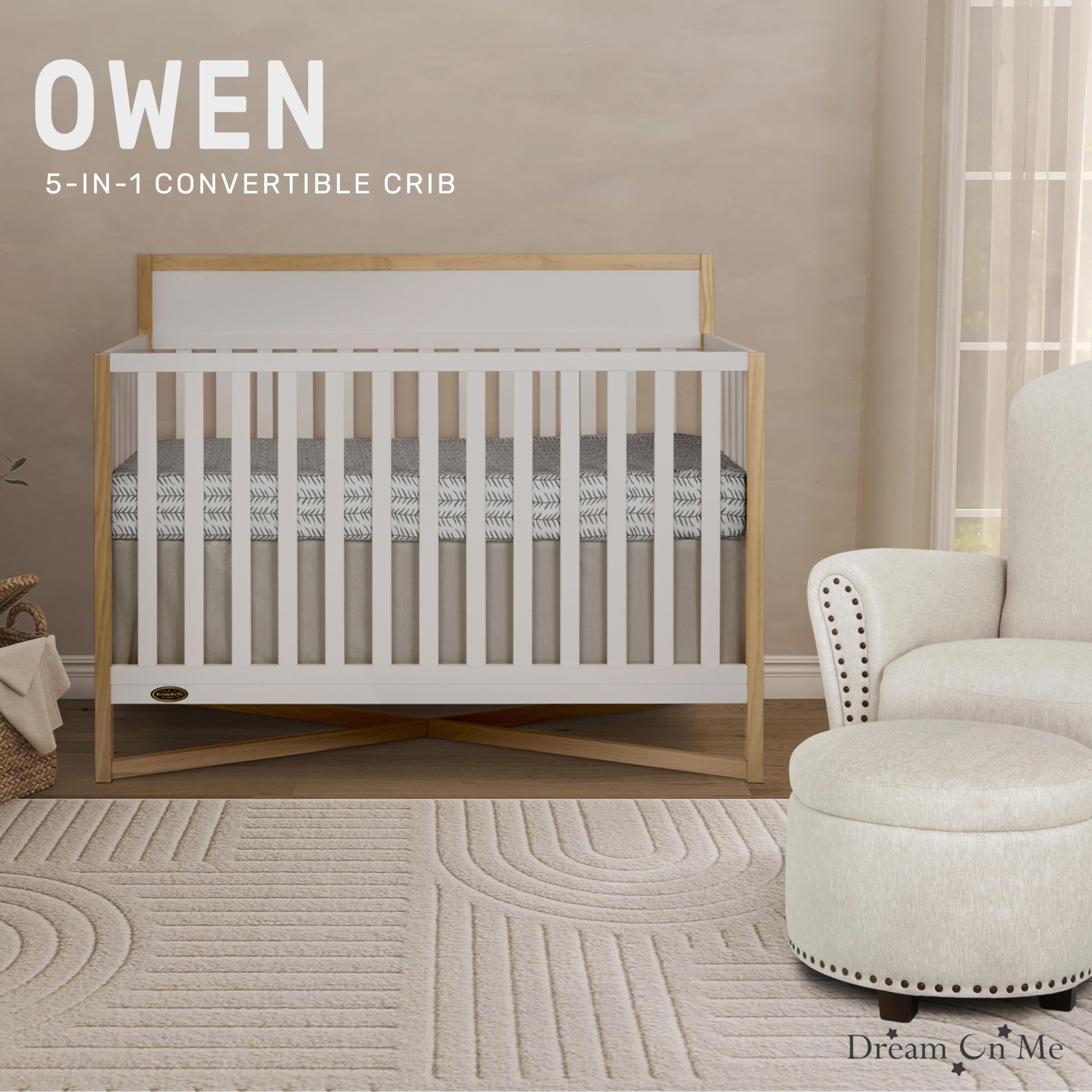Dream On Me Owen 5-in-1 Convertible Crib - White Oak Finish | Greenguard Gold & JPMA Certified | Transforms to Toddler Bed, Daybed, Kids Sofa & Full Bed | Safe Nursery Furniture for Baby & Toddler | Perfect for Small Spaces & Growing Families