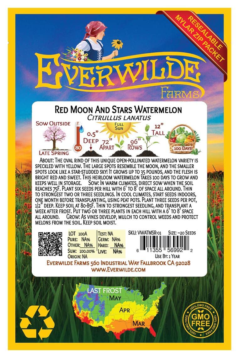 Everwilde Farms - 20 Red Moon & Stars Watermelon Seeds - Non-GMO, Heirloom, Organic - Gold Vault Jumbo Seed Packet for Home Garden, Backyard Planting & Fresh Fruit Harvesting