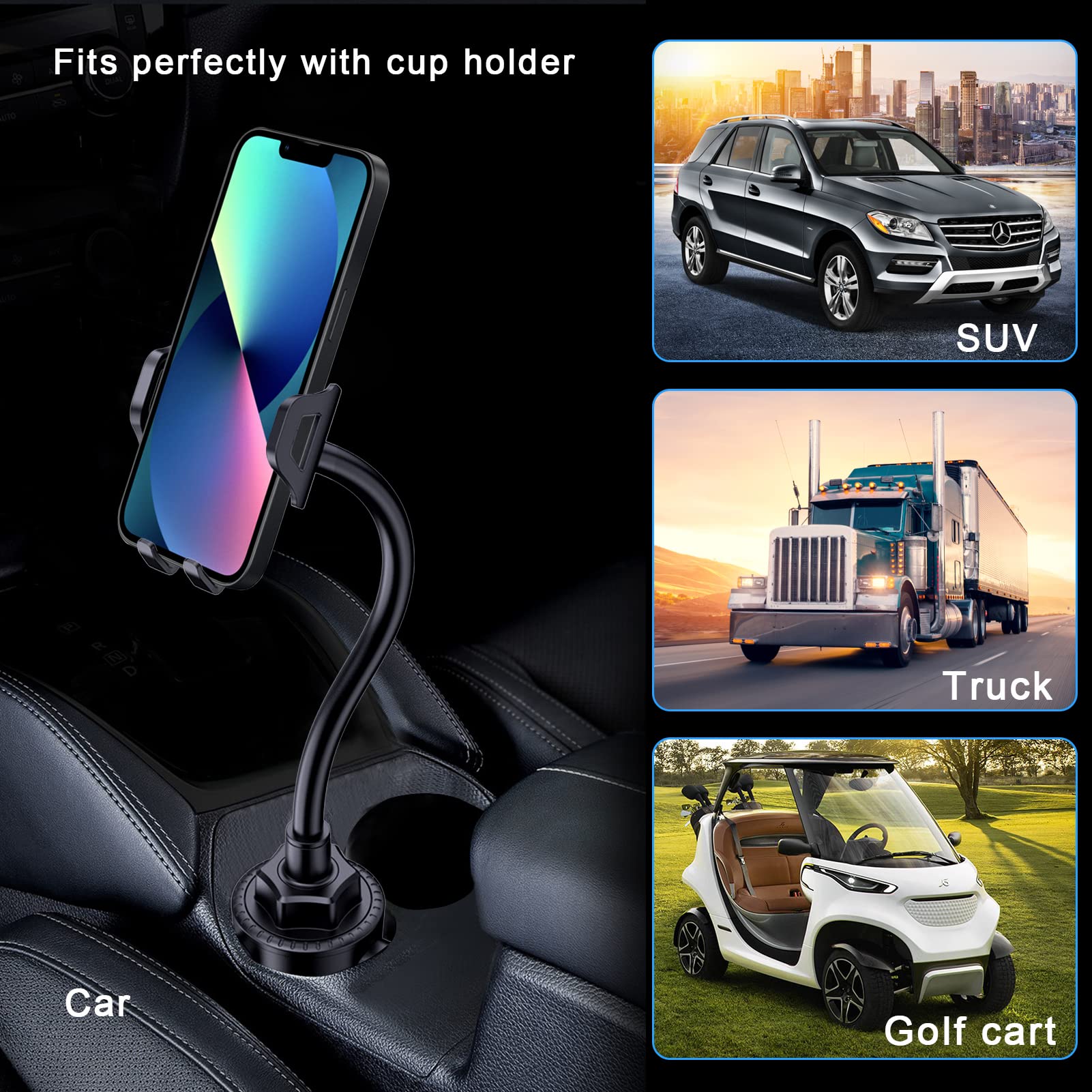 Lopnord Universal Car Phone Holder Mount - Adjustable Gooseneck Cup Holder Compatible with iPhone 15/14 Pro Max, Samsung Galaxy S24/S23/S22 Ultra - Perfect for Road Trips, GPS Navigation & Hands-Free Driving