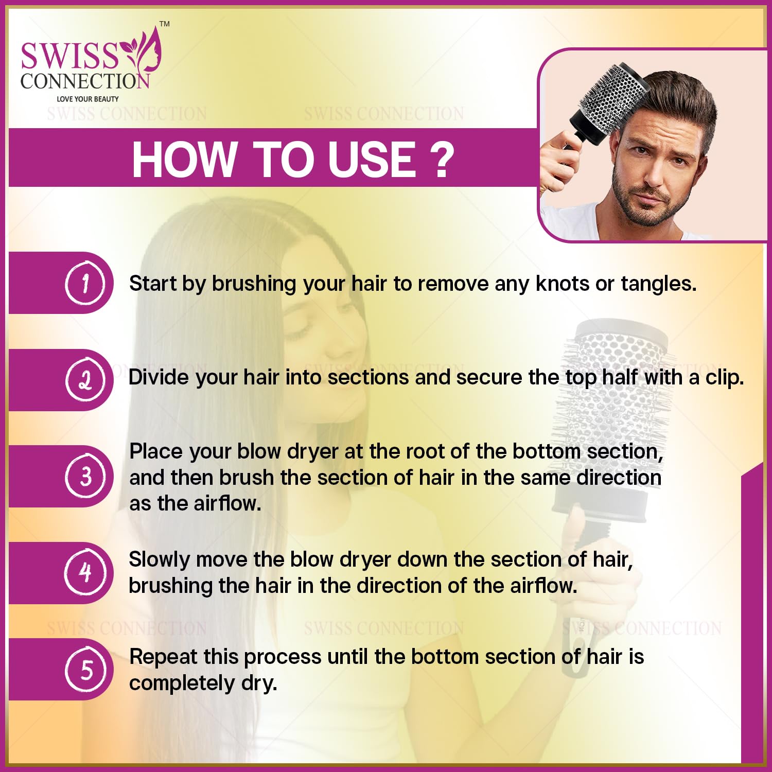 Swiss Connection Blow Dryer Hair Brush - Professional Styling Tool for Smoothing, Curling & Volumizing Hair | Lightweight & Durable for Wet & Dry Hair | Perfect for Men & Women at Home or Salon (1 Pack)