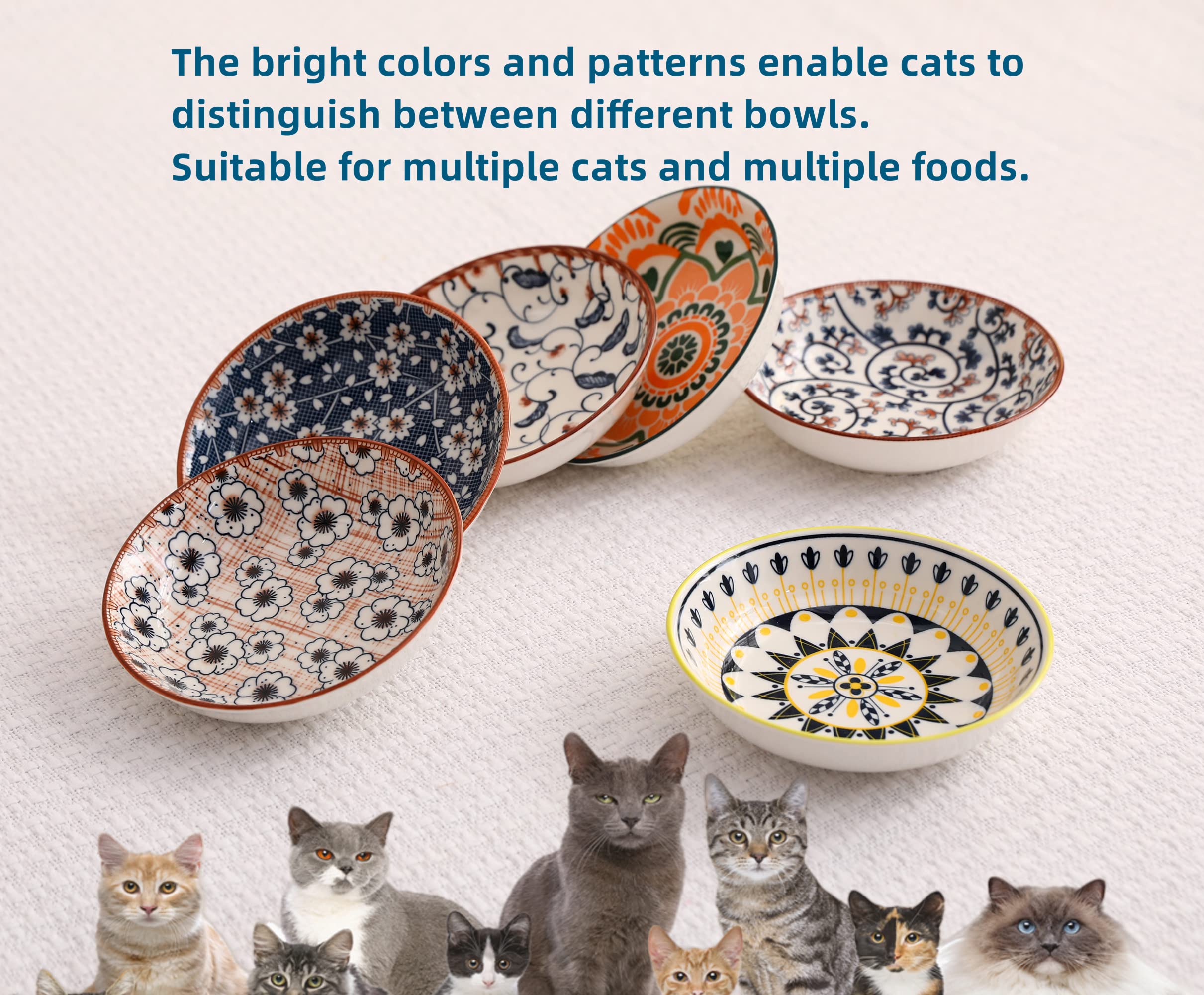 Premium Ceramic Cat Bowls Set of 6 - 5.5 Inch Whisker Friendly Cat Food Dishes for Indoor Cats, Shallow Wet Food Plates to Prevent Whisker Fatigue - Perfect for Kittens & Adult Cats at Home or Vet Visits