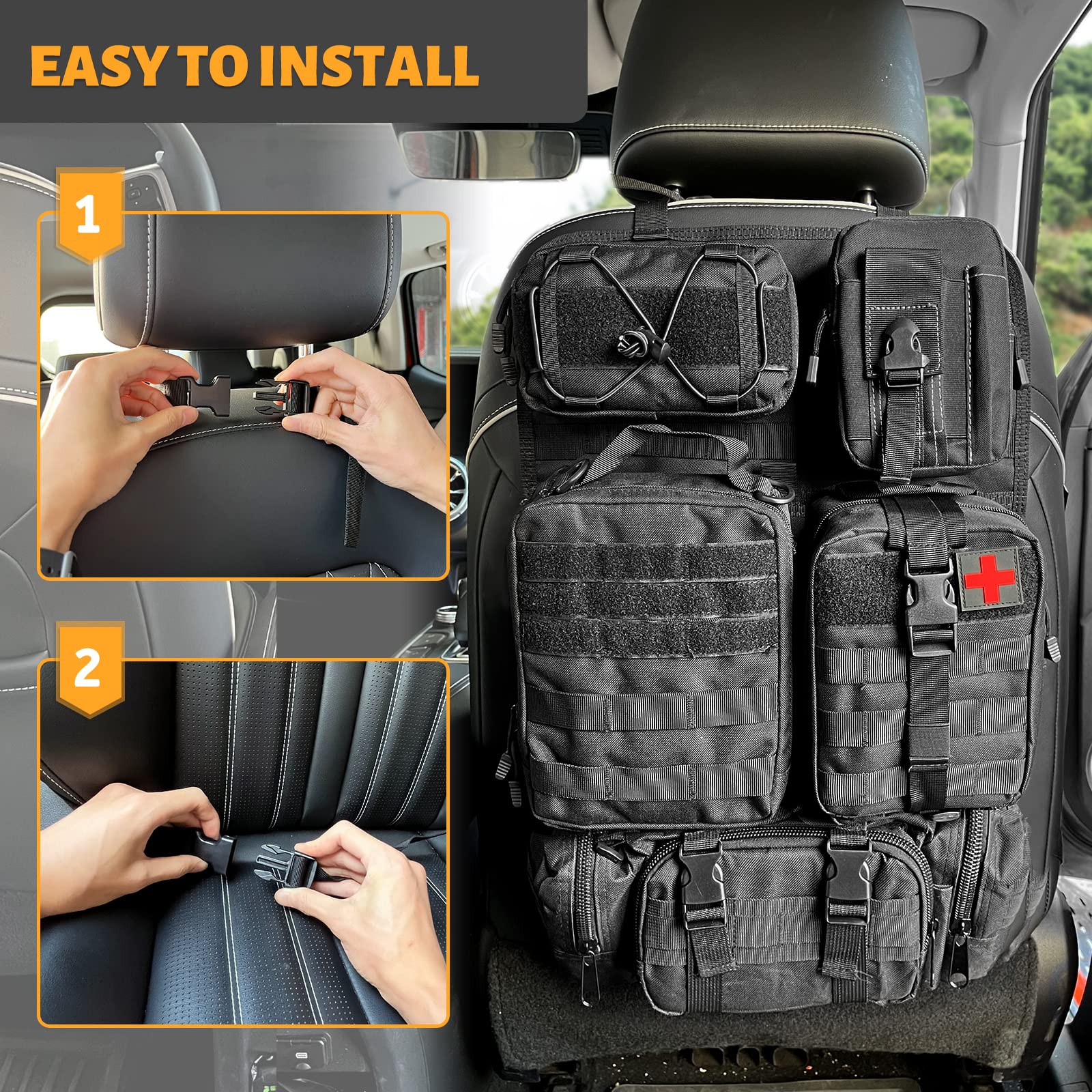 MAIKER Tactical Car Seat Back Organizer - 5 Detachable MOLLE Pouch Vehicle Organizer with Storage Pockets, Universal Fit for SUV, Truck & Jeep (Black) - Perfect for Road Trips, Camping & Outdoor Adventures