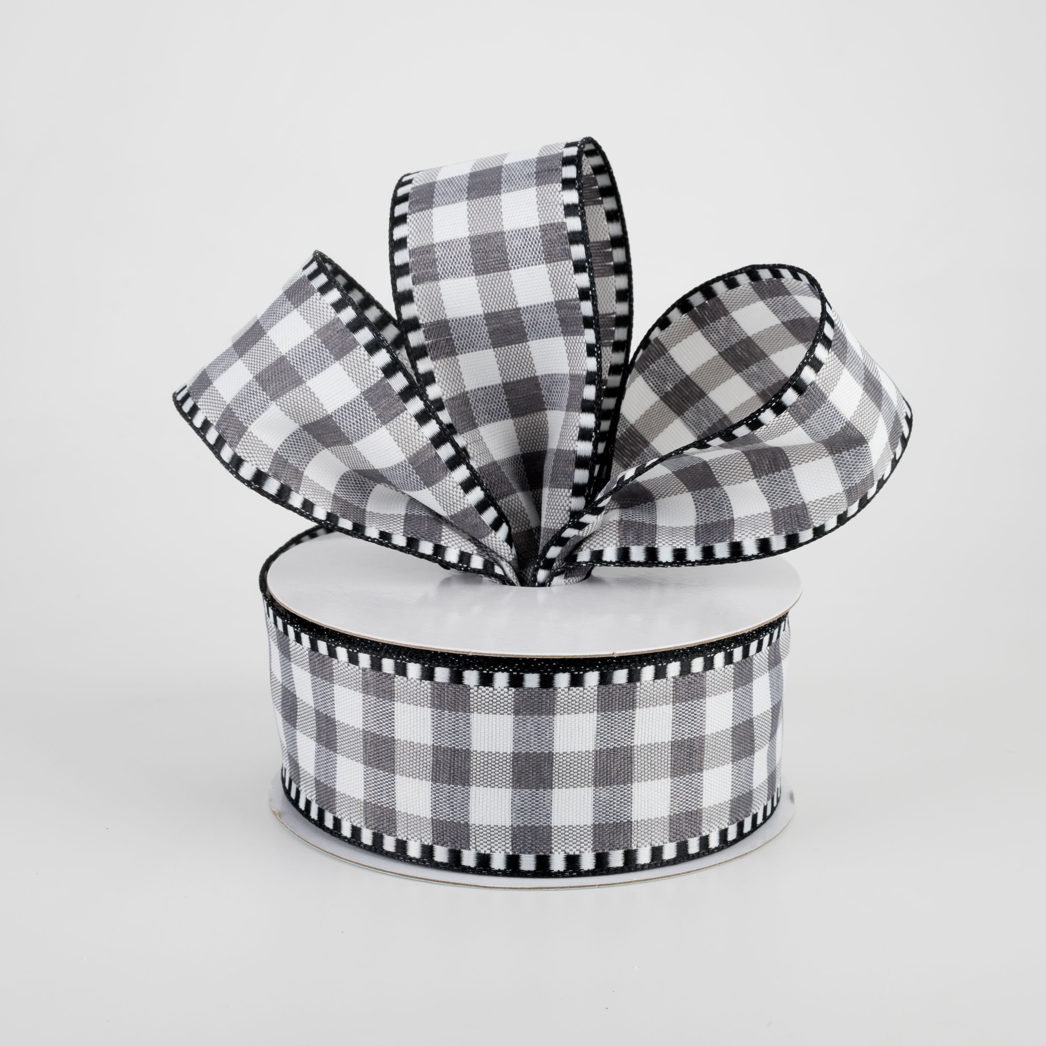 1.5 Inch Gingham Check Dashed Edge Ribbon - Grey & White Craft Ribbon (10 Yards) for Gift Wrapping, DIY Projects, Scrapbooking & Party Decorations