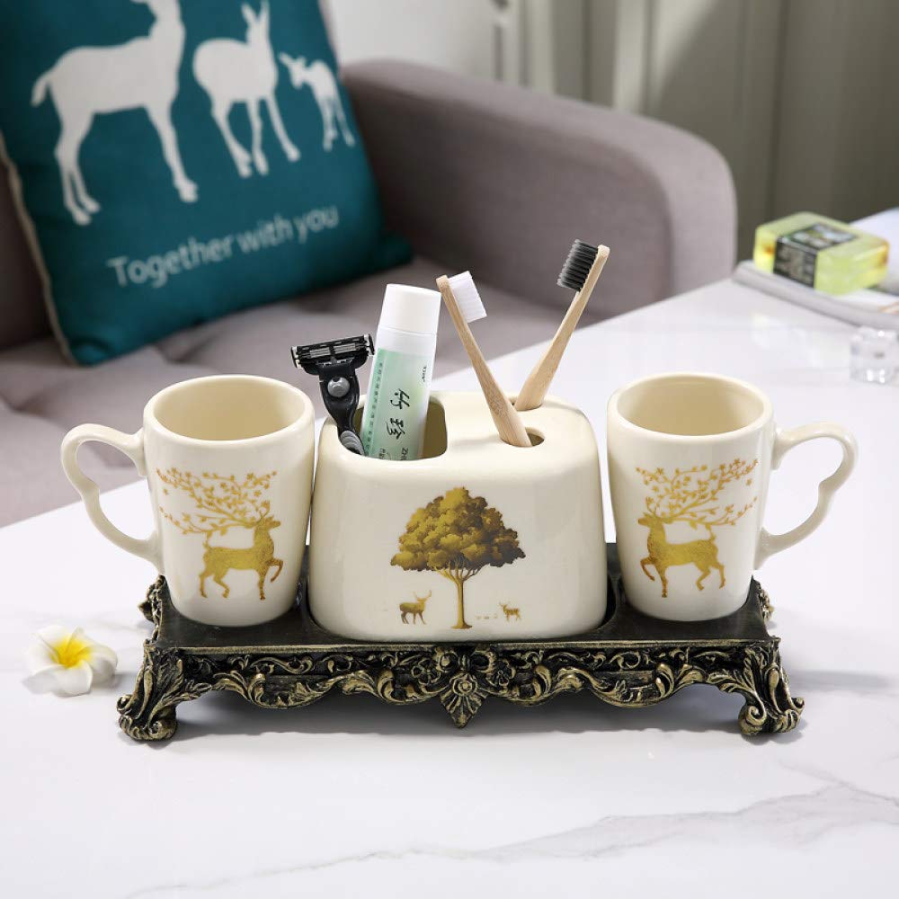 Vintage Ceramic Bathroom Accessories Set - 4 Piece Nordic Golden Deer Beige Vanity Decor with Toothbrush Holder, Mouthwash Cups & Resin Tray for Home, Hotel, Spa, and Bathroom Organization