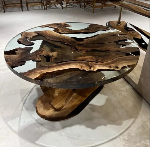 Handmade Round Epoxy Resin Table with Natural Walnut Wood Vortex Base - Modern Coffee Table for Living Room, Office & Dining Room Decor