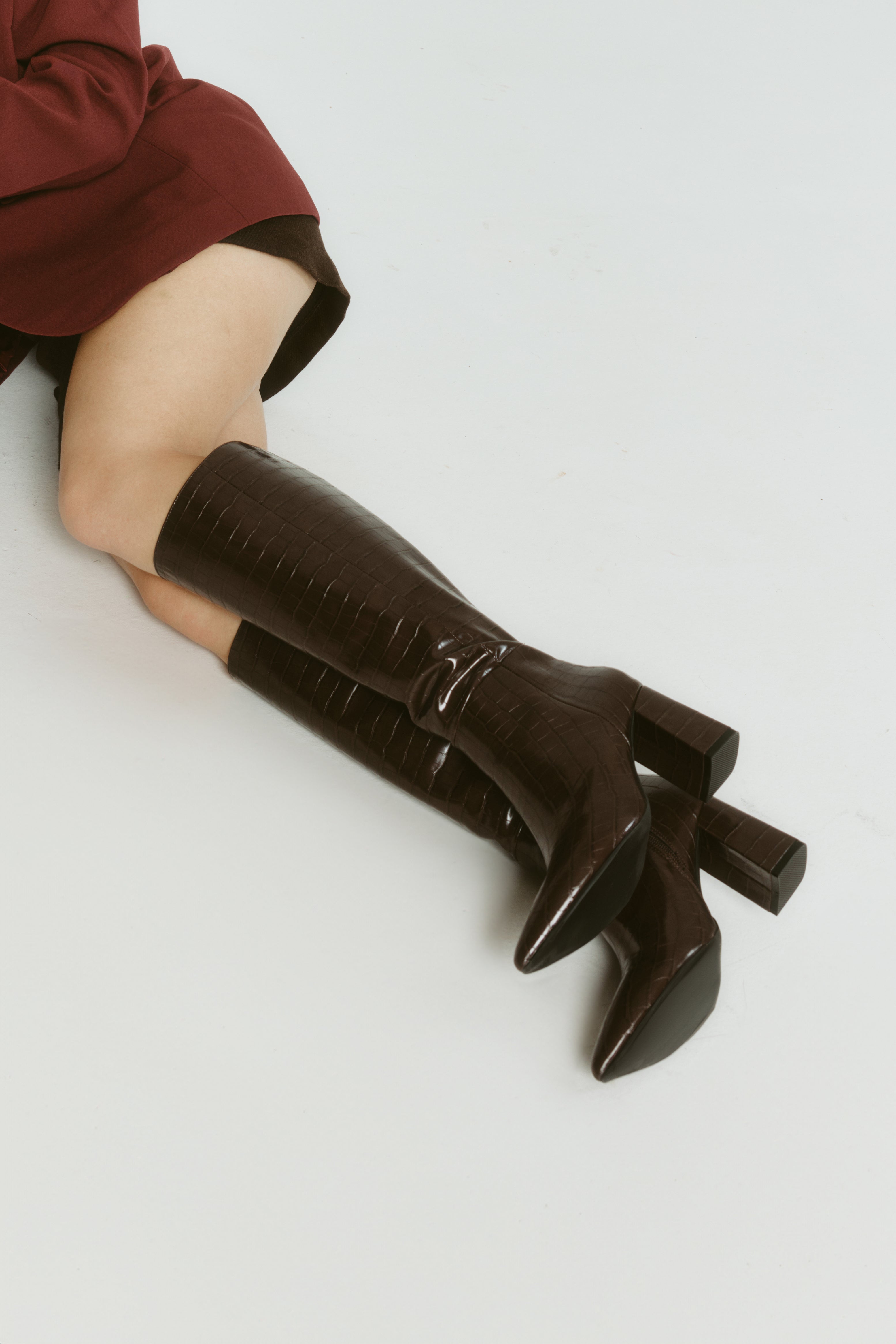 Magda Women's Knee High Tall Boots - Chocolate Brown Crocodile Embossed Leather, Chunky Heel, Comfortable & Stylish for Fall/Winter Fashion, Office Wear & Night Out