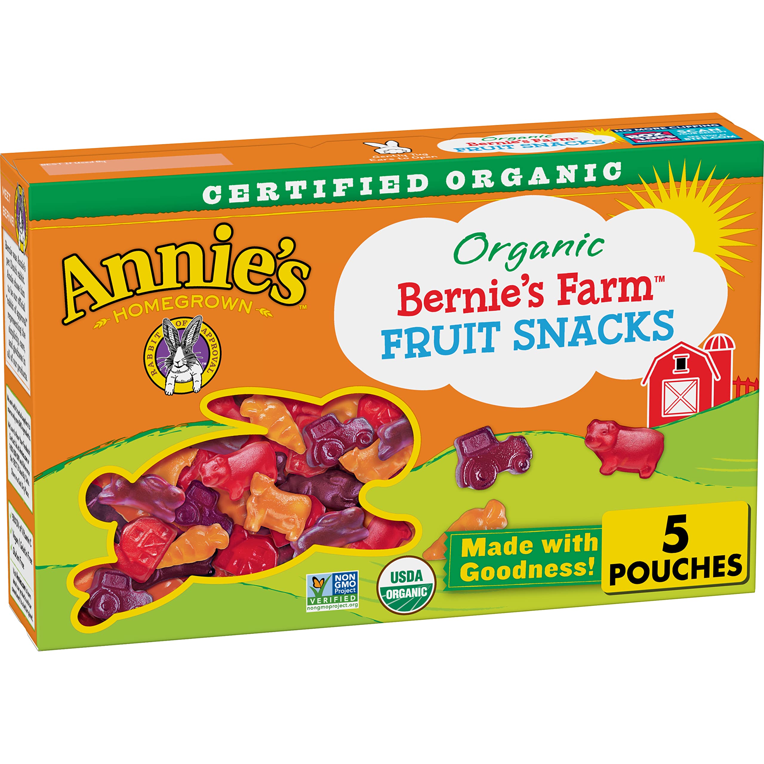 Annie's Homegrown Organic Bernie's Farm Fruit Snacks - 60 Count (0.8oz Pouches) | Healthy Kids Snacks, Lunchbox Treats & On-the-Go Snacking