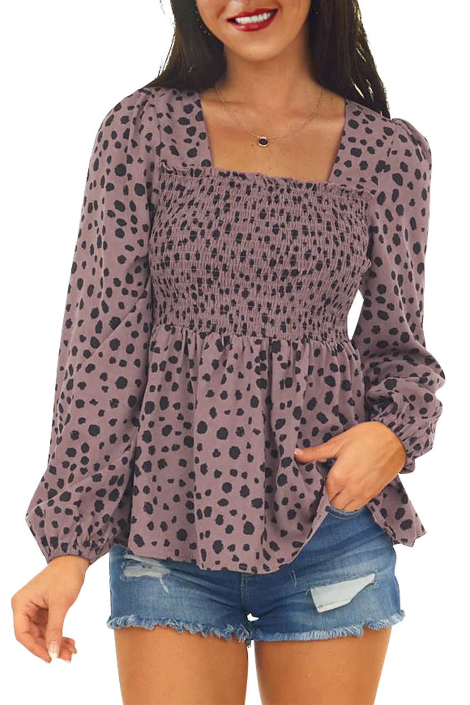 HibluCo Women's Long Puff Sleeve Blouse - Square Neck Smocked Babydoll Top for Spring & Summer | Casual Outfit, Date Night, Office Wear