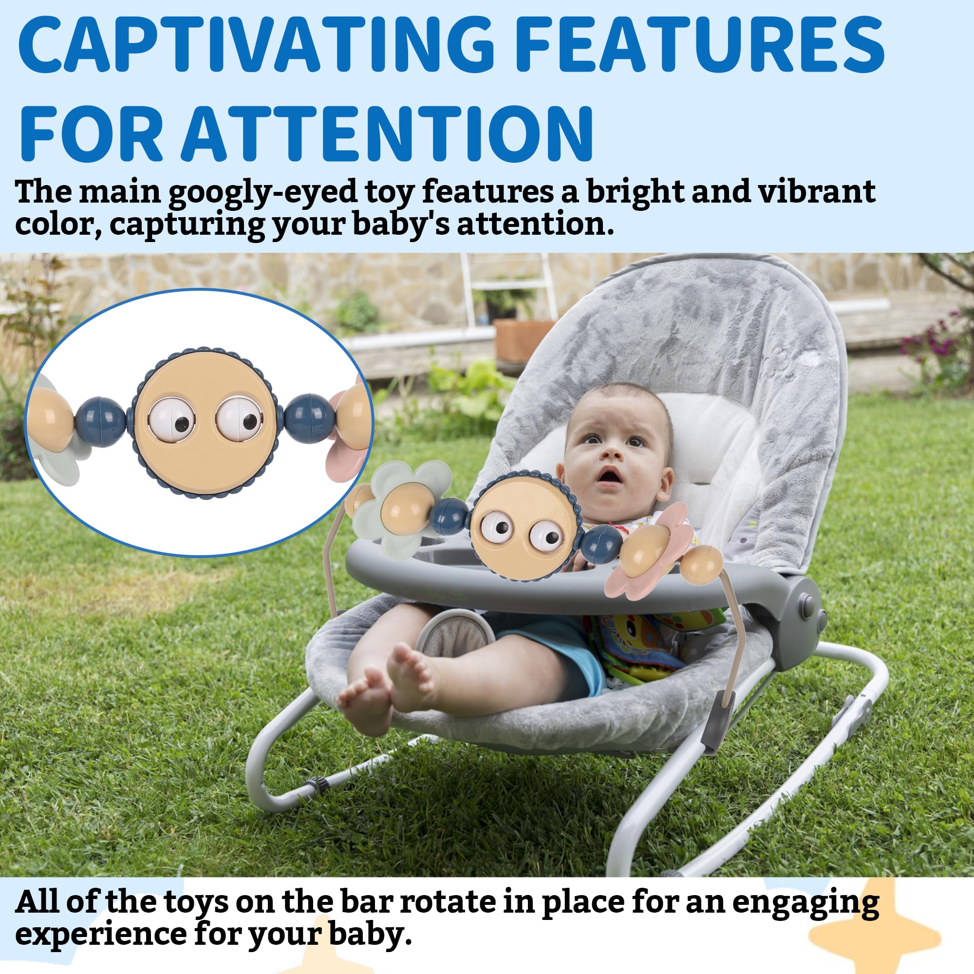 Baby Bouncer Toy Bar with Googly Eyes - Safe Plastic Stroller & Car Seat Arch Toy - Easy Install No Music Accessory for Infant Playtime & Sensory Development