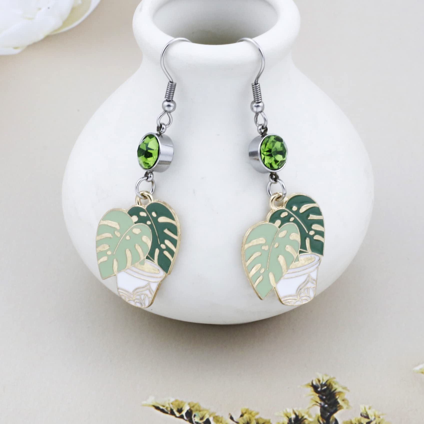 Green Potted Plant Dangle Earrings for Women | Unique Floral Garden Jewelry | Perfect for Gardening Enthusiasts & Nature Lovers | Great Gift for Plant-Themed Occasions
