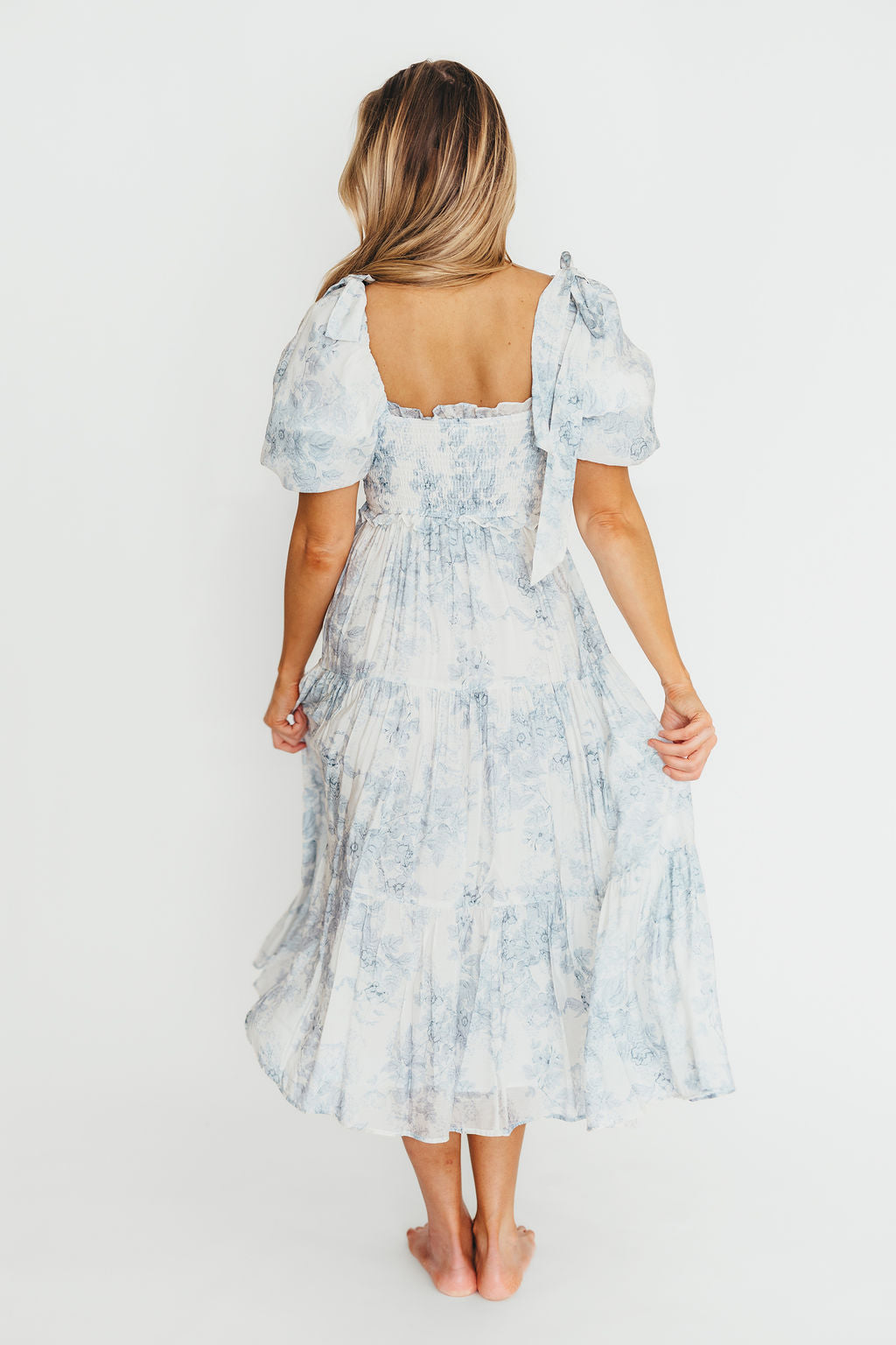 Elena Floral Print Smocked Midi Dress in Blue - Bump Friendly Maternity Dress & Inclusive Sizing for Women - Perfect for Baby Showers, Bridal Events & Summer Weddings
