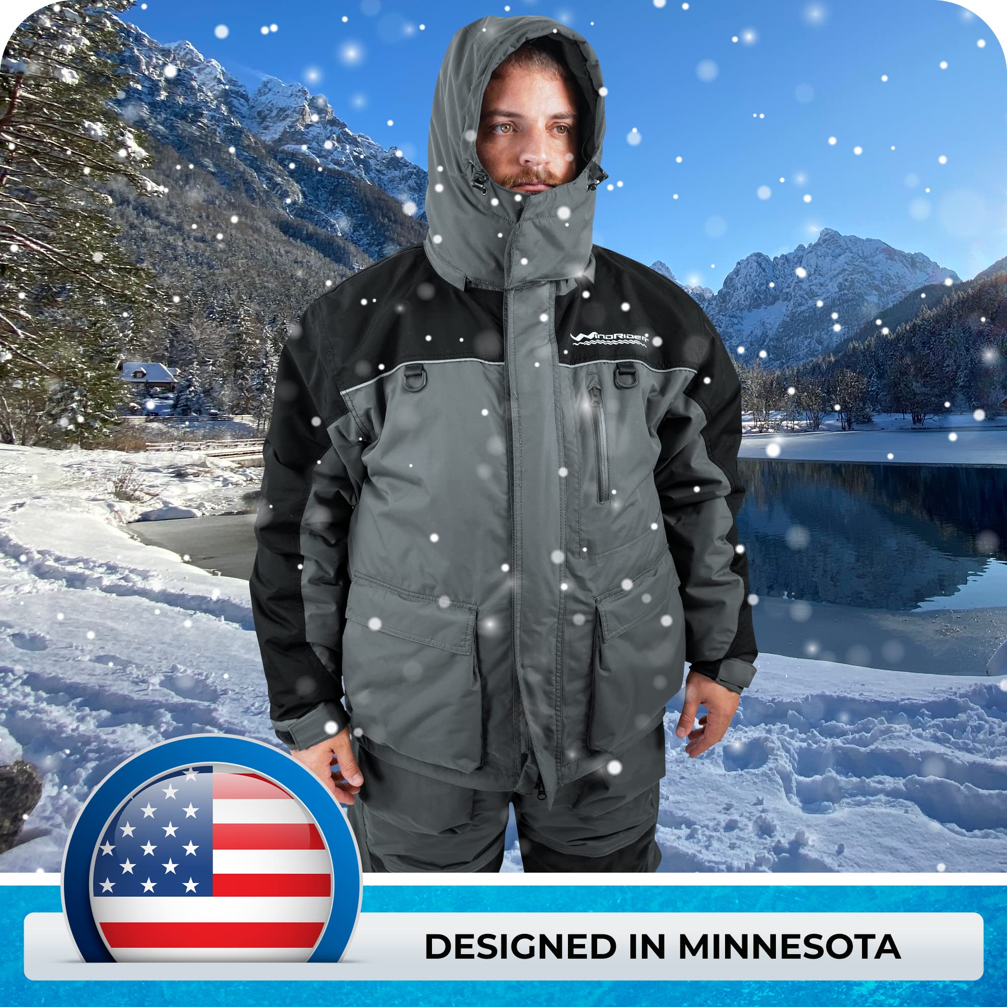 WindRider Insulated Ice Fishing Suit with Flotation - Waterproof Bibs & Jacket for Extreme Cold - Multiple Pockets for Gear Storage - Perfect for Ice Fishing, Snowmobiling & Winter Outdoor Adventures